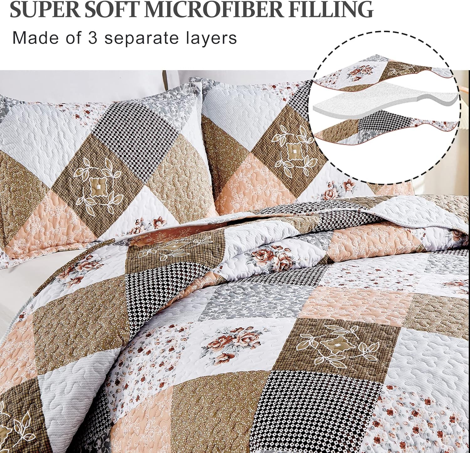 Quilts & Duvets: Gleaming rust brown colo patchwork 3 Pc Bedspread & Pillow Cover Set