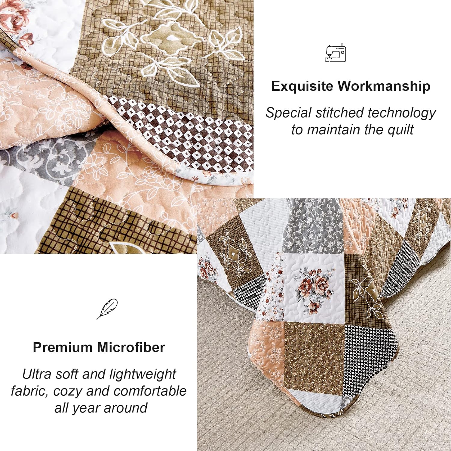 Quilts & Duvets: Gleaming rust brown colo patchwork 3 Pc Bedspread & Pillow Cover Set