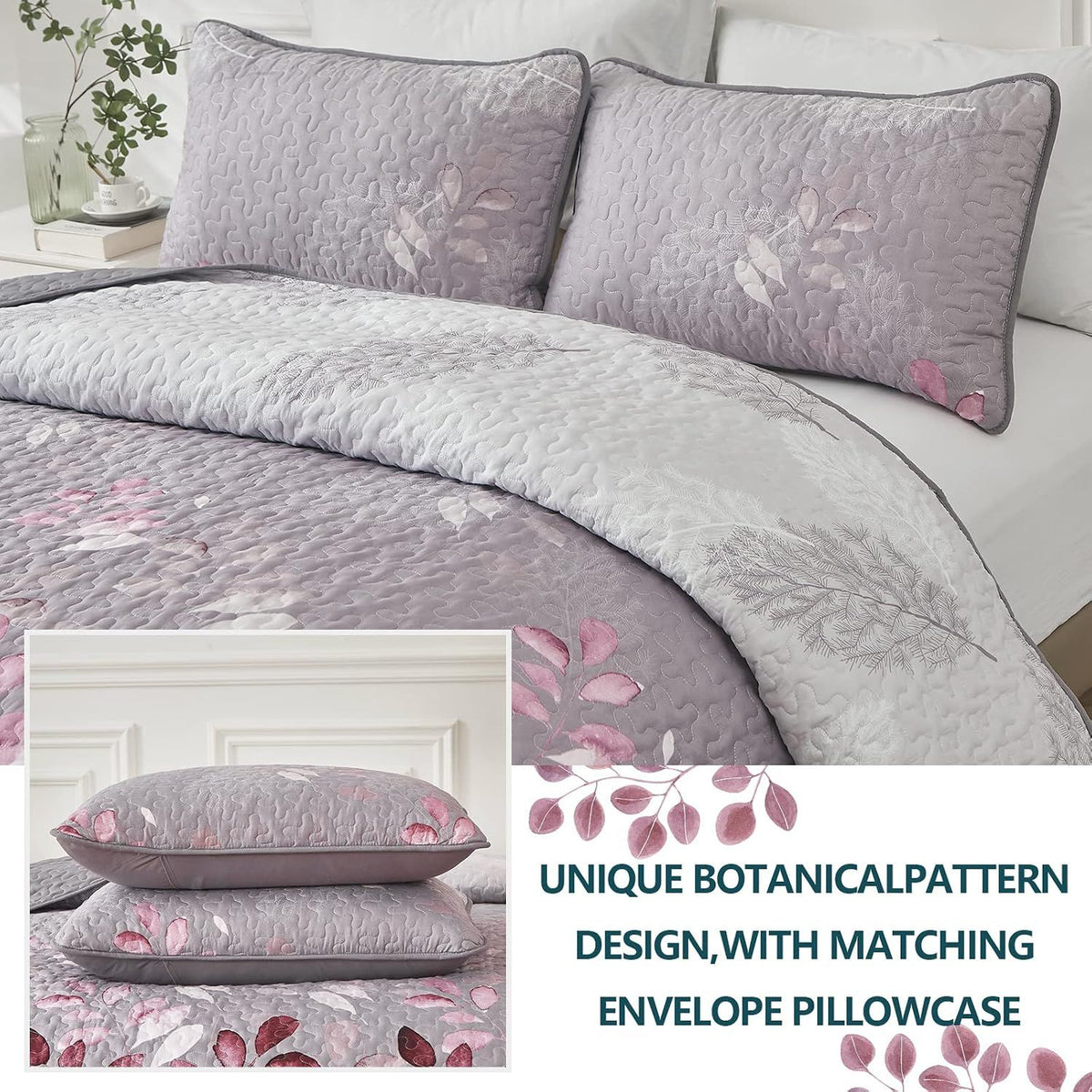 Pink Floral Grove Bedspread Coverlet 3 Piece Set