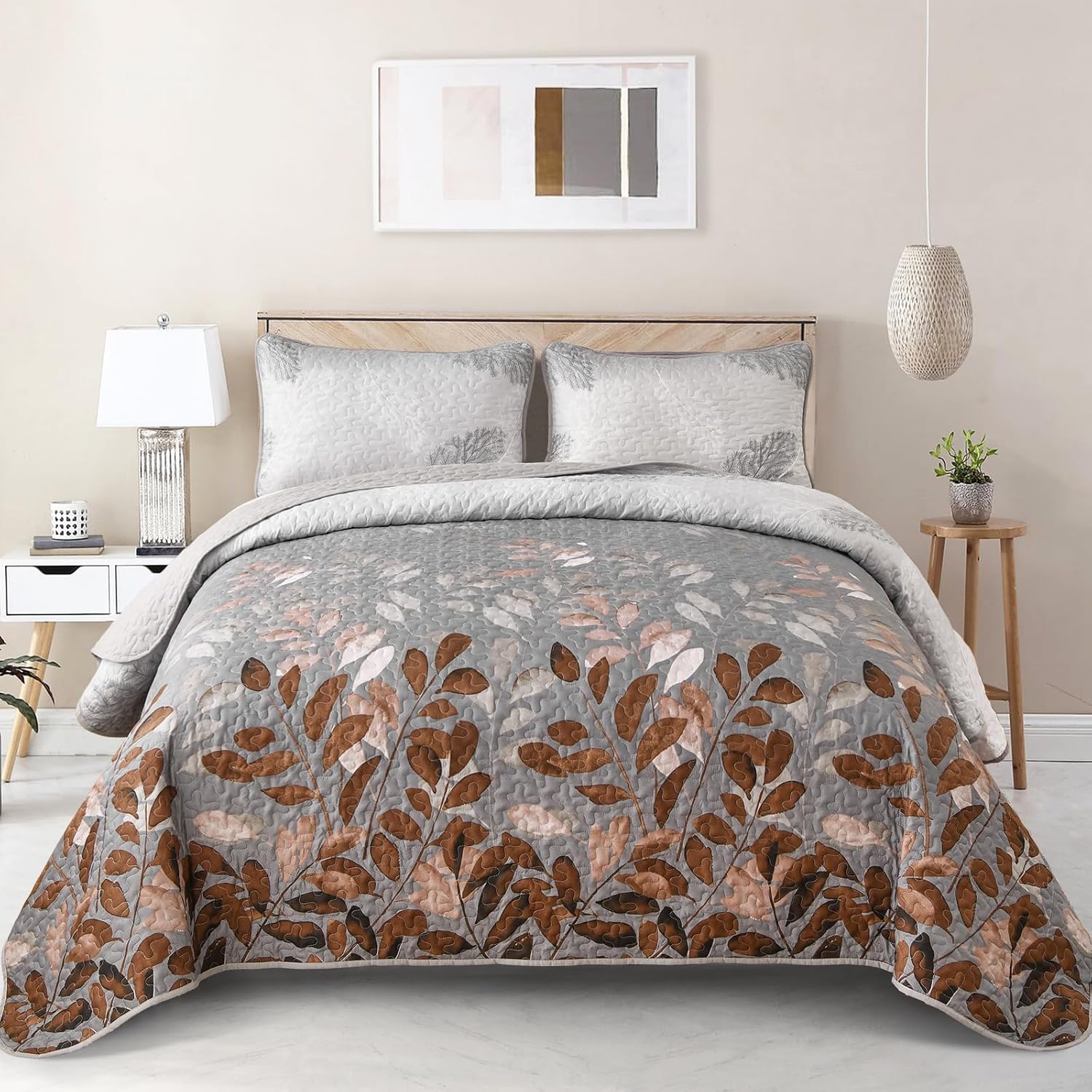 Quilts & Duvets: Gleaming rust grey Floral 3 Pc Bedspread & Pillow Cover Set
