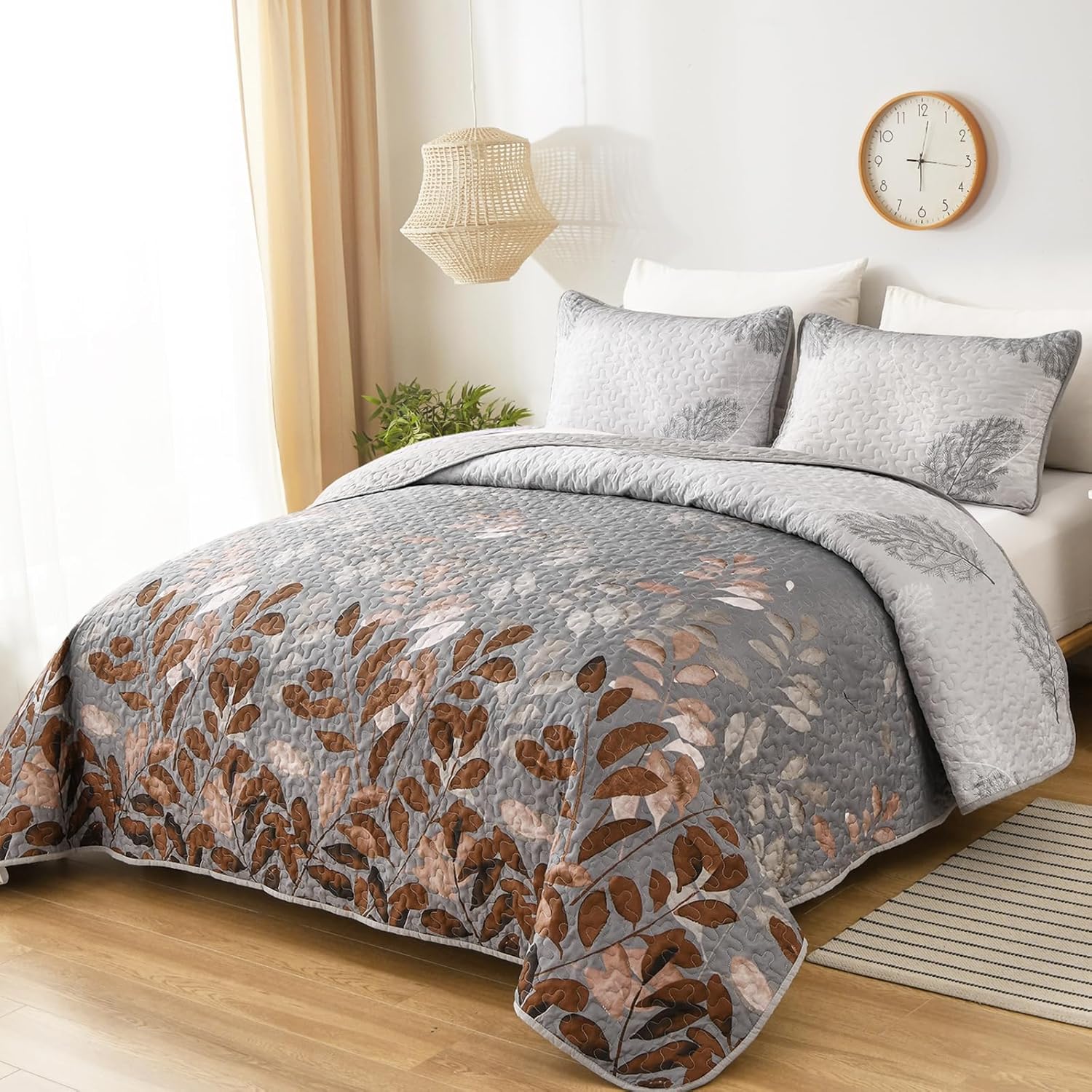 Quilts & Duvets: Gleaming rust grey Floral 3 Pc Bedspread & Pillow Cover Set