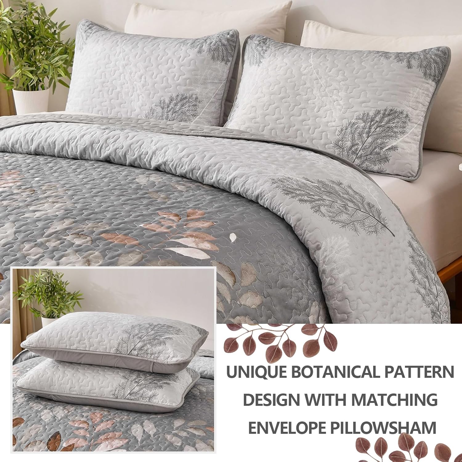Quilts & Duvets: Gleaming rust grey Floral 3 Pc Bedspread & Pillow Cover Set