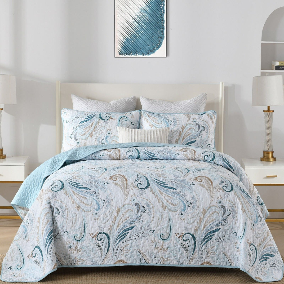 White Teal Aurelian Paisley Bedspread Coverlet 3 Piece Set