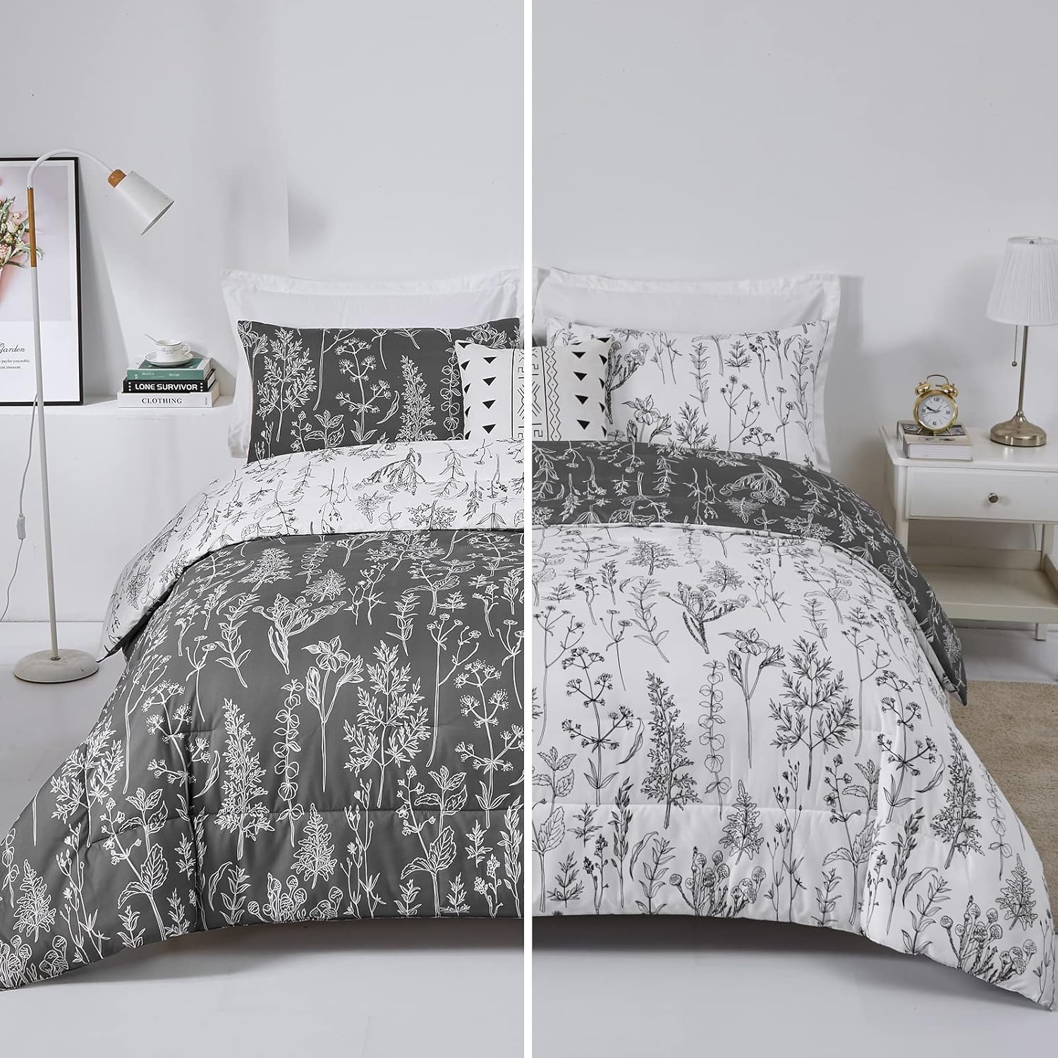 Quilts & Duvets: Floral Comforter Set, King Size, Black White Floral Pattern Reversible Bedding