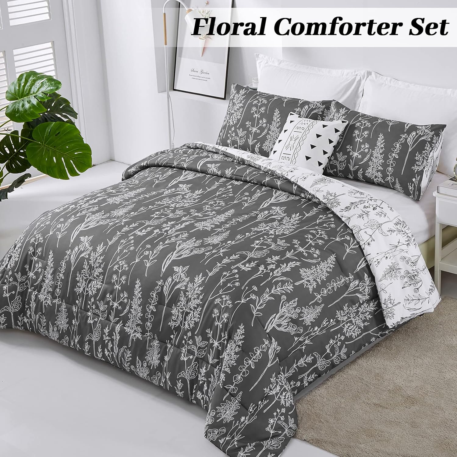 Quilts & Duvets: Floral Comforter Set, King Size, Black White Floral Pattern Reversible Bedding