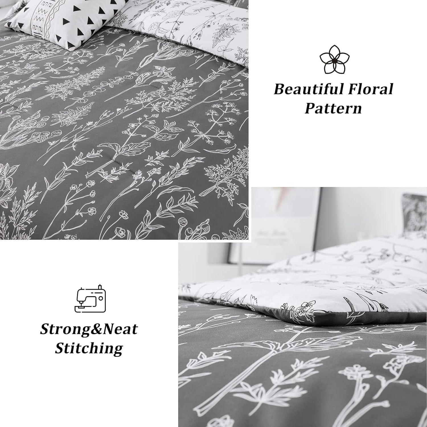 Quilts & Duvets: Floral Comforter Set, King Size, Black White Floral Pattern Reversible Bedding