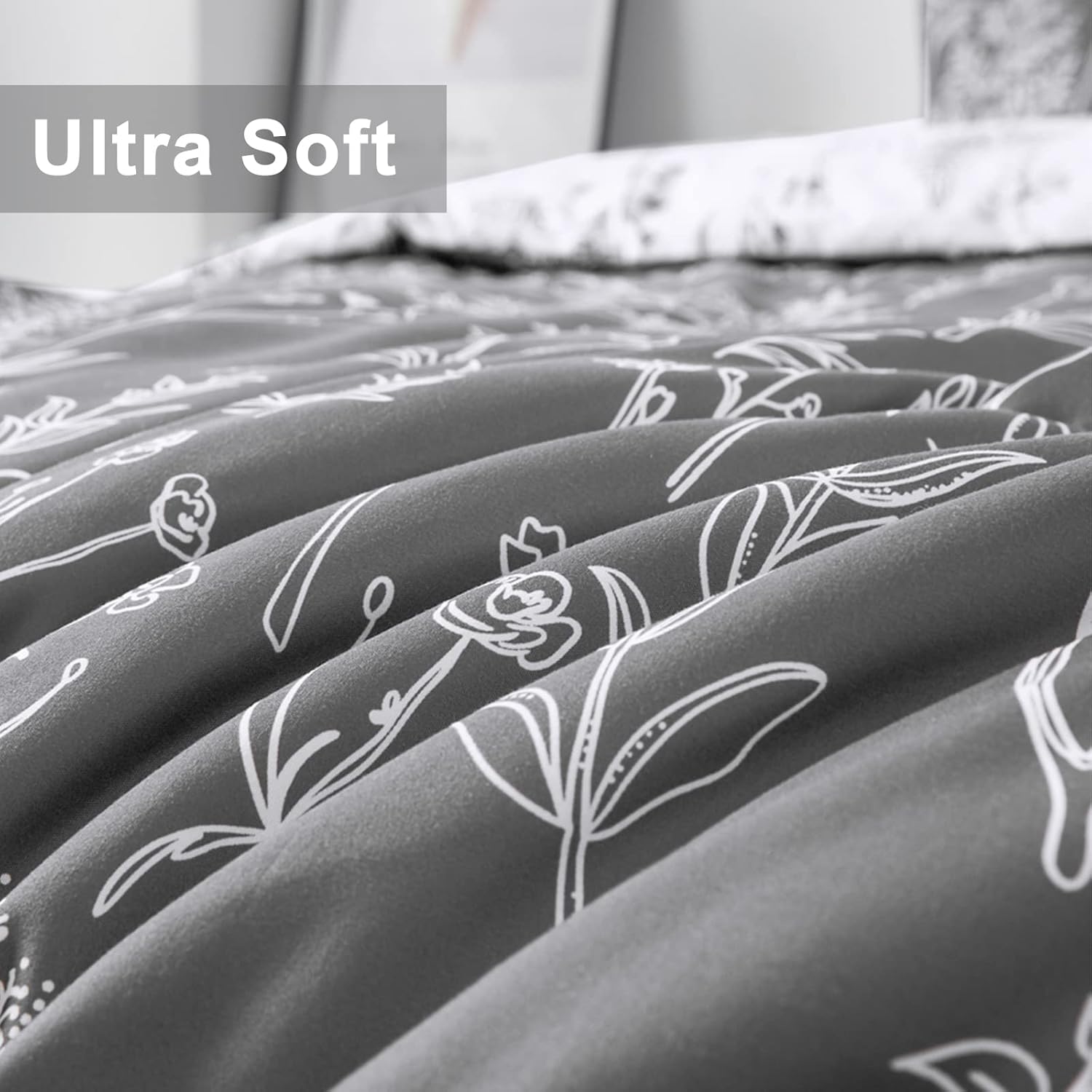 Quilts & Duvets: Floral Comforter Set, King Size, Black White Floral Pattern Reversible Bedding