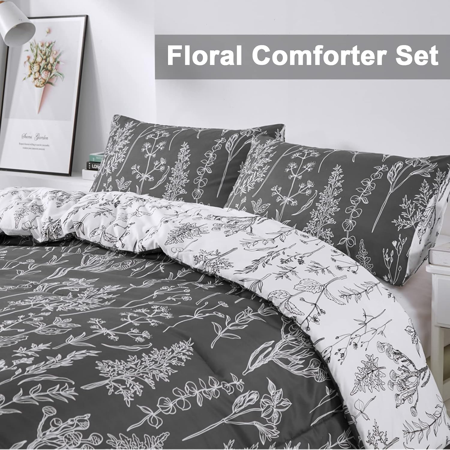 Quilts & Duvets: Floral Comforter Set, King Size, Black White Floral Pattern Reversible Bedding