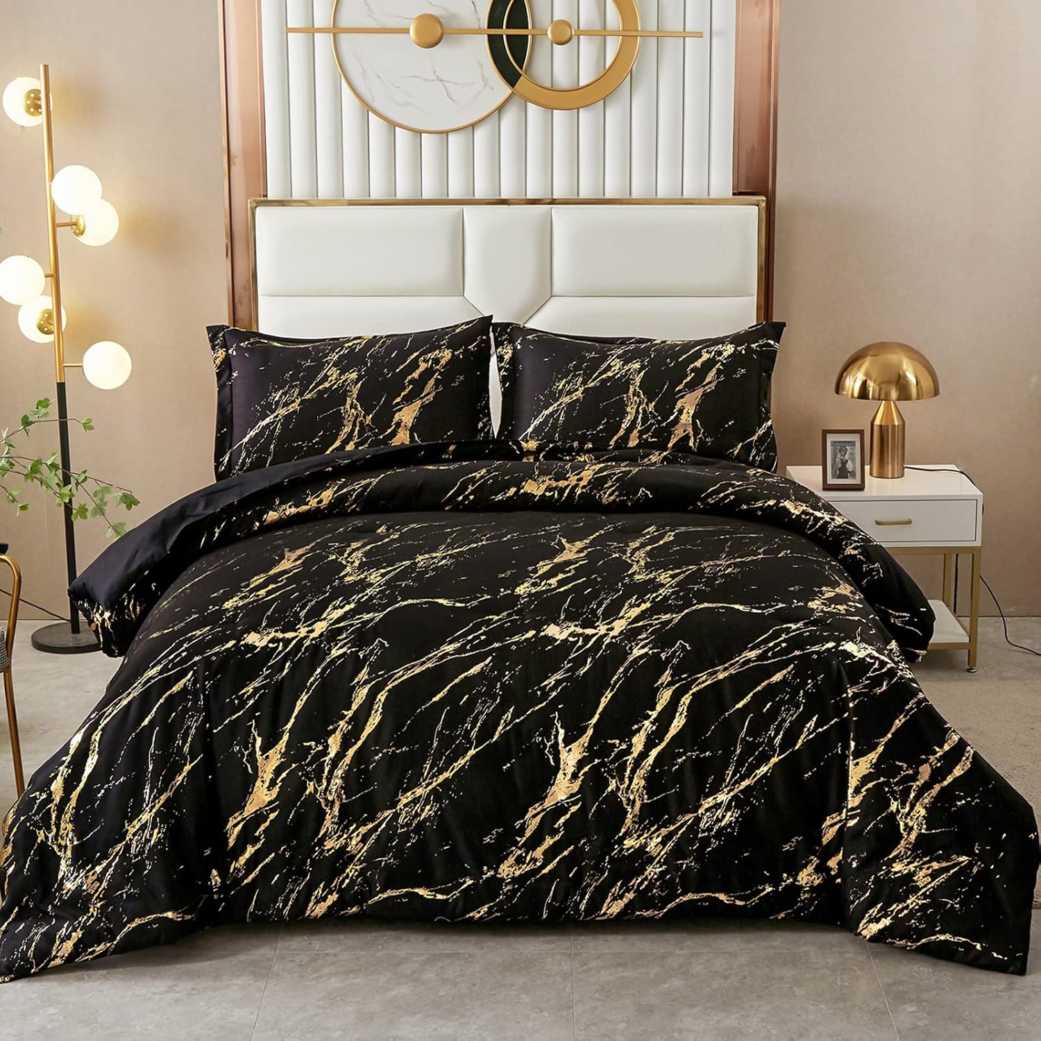 Quilts & Duvets: Black Gold Metallic Marble Comforter Set, King Size, Foil Print Glitter 3-Piece Bedding