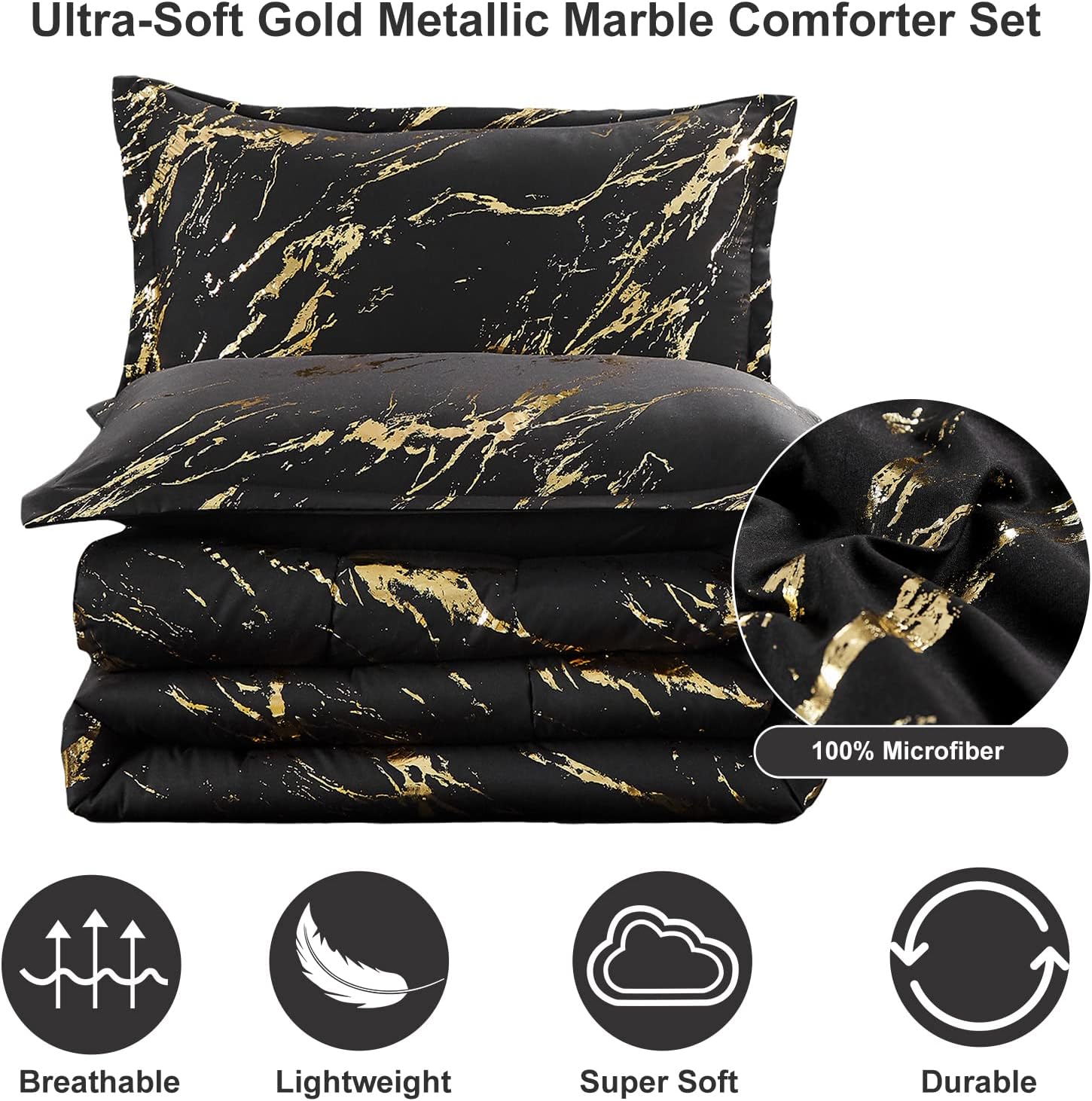 Quilts & Duvets: Black Gold Metallic Marble Comforter Set, King Size, Foil Print Glitter 3-Piece Bedding