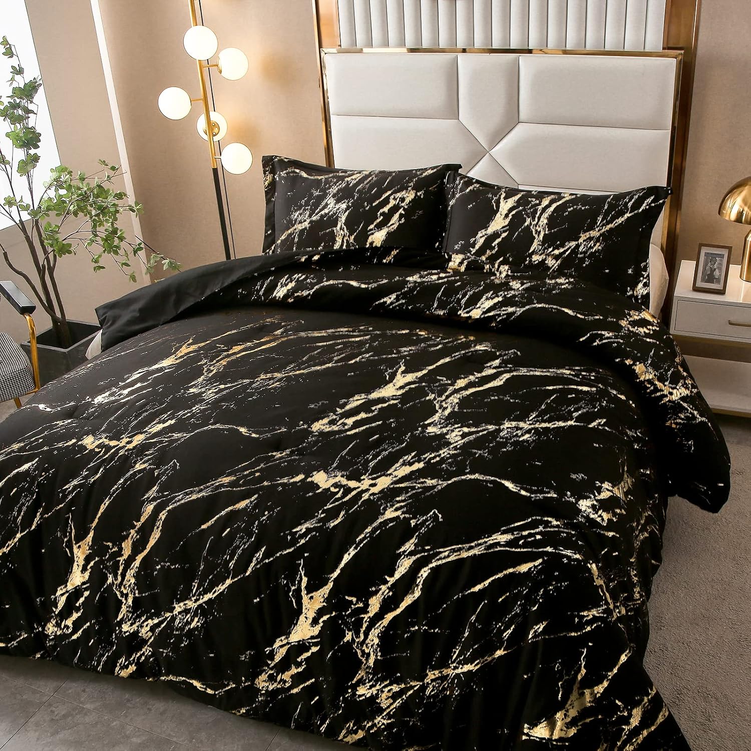 Quilts & Duvets: Black Gold Metallic Marble Comforter Set, King Size, Foil Print Glitter 3-Piece Bedding