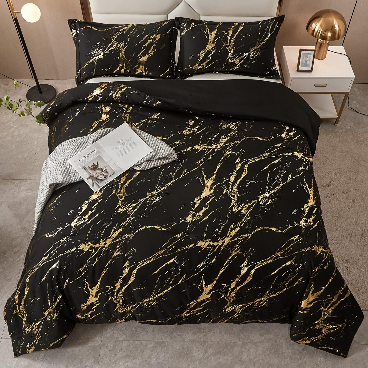 Quilts & Duvets: Black Gold Metallic Marble Comforter Set, King Size, Foil Print Glitter 3-Piece Bedding