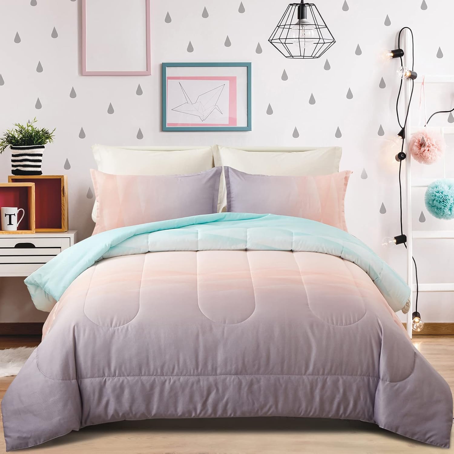 Quilts & Duvets: Girls Comforter Set, Queen Size, Ombre Blue Pink Rainbow 3-Piece Bedding Collection