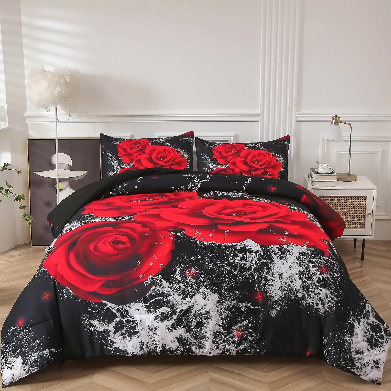 Quilts & Duvets: Chill Haven Red Rose 3‑Piece Comforter Bundle  Relax & Recharge Style