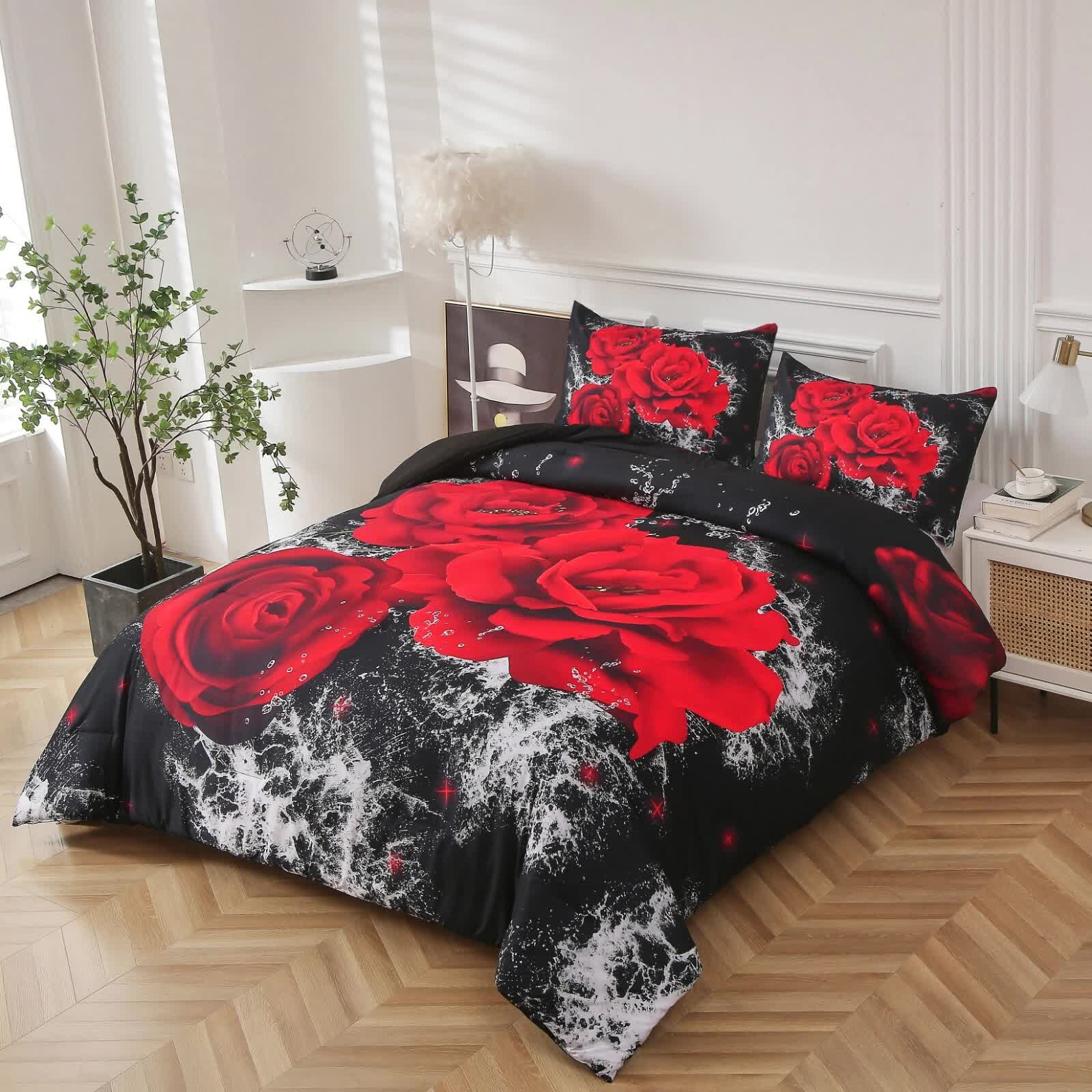 Quilts & Duvets: Chill Haven Red Rose 3‑Piece Comforter Bundle  Relax & Recharge Style