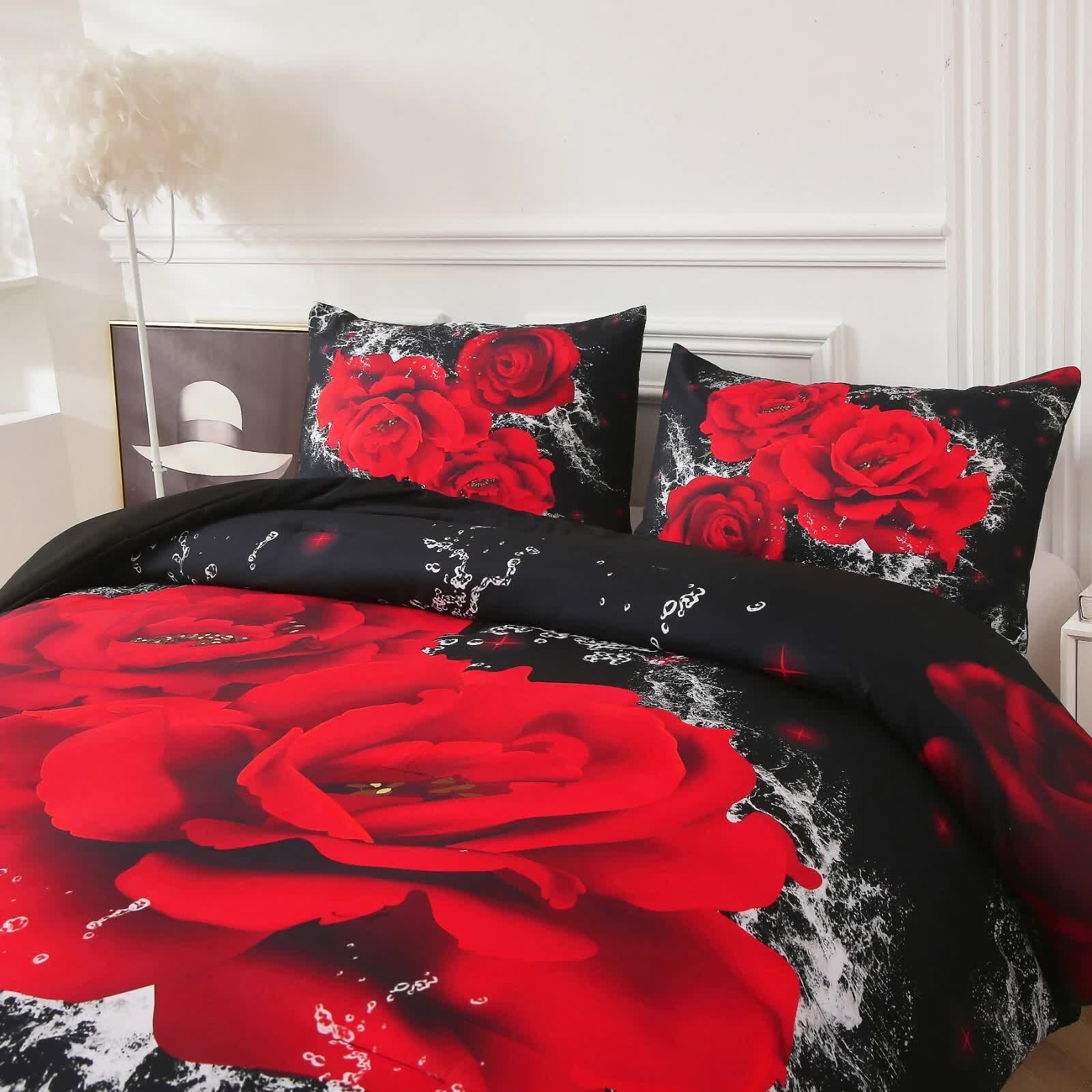 Quilts & Duvets: Chill Haven Red Rose 3‑Piece Comforter Bundle  Relax & Recharge Style