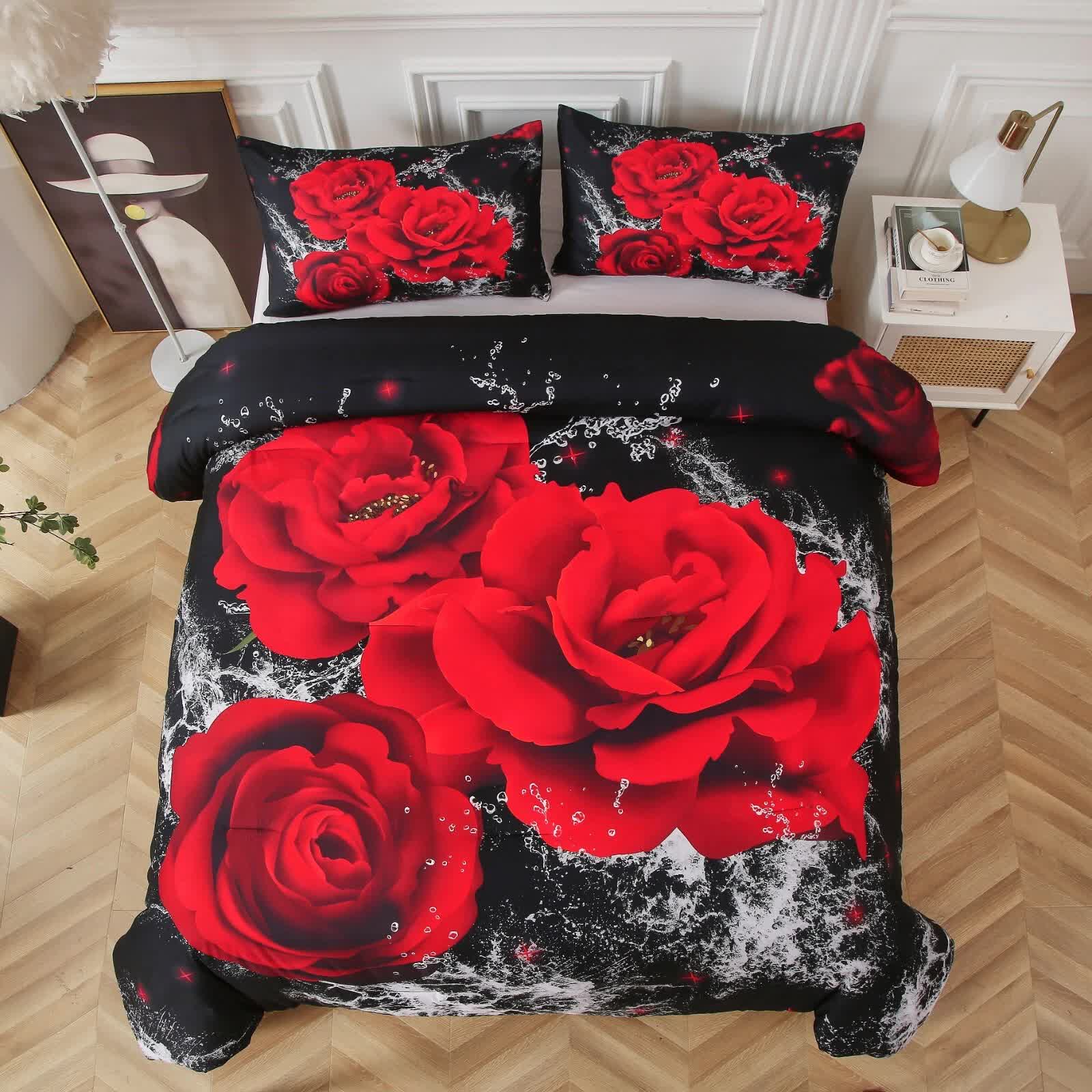 Quilts & Duvets: Chill Haven Red Rose 3‑Piece Comforter Bundle  Relax & Recharge Style