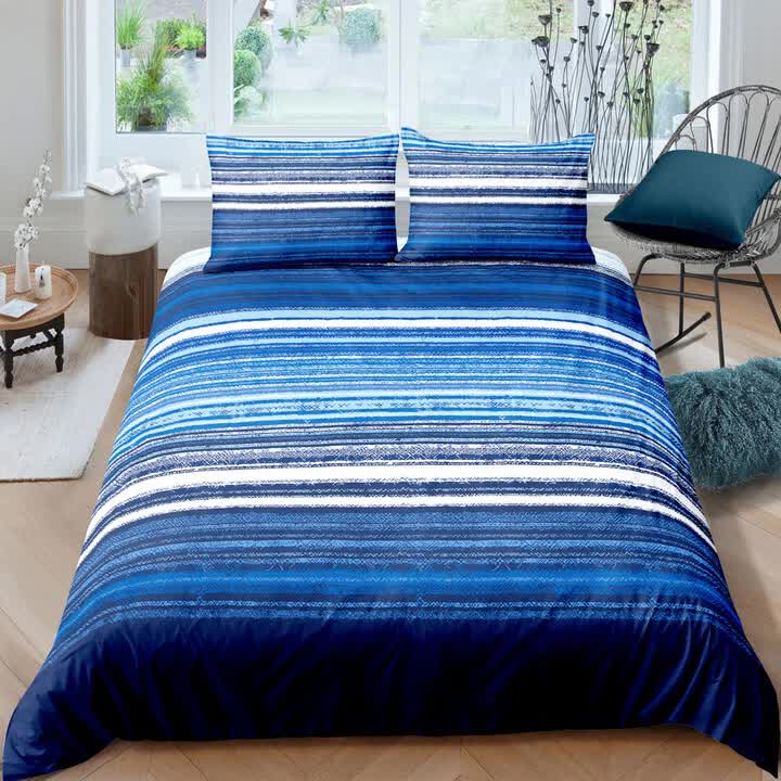 Quilts & Duvets: Nordic Calm stripes Blue 3‑Piece Comforter Set  Scandi Chic Vibes