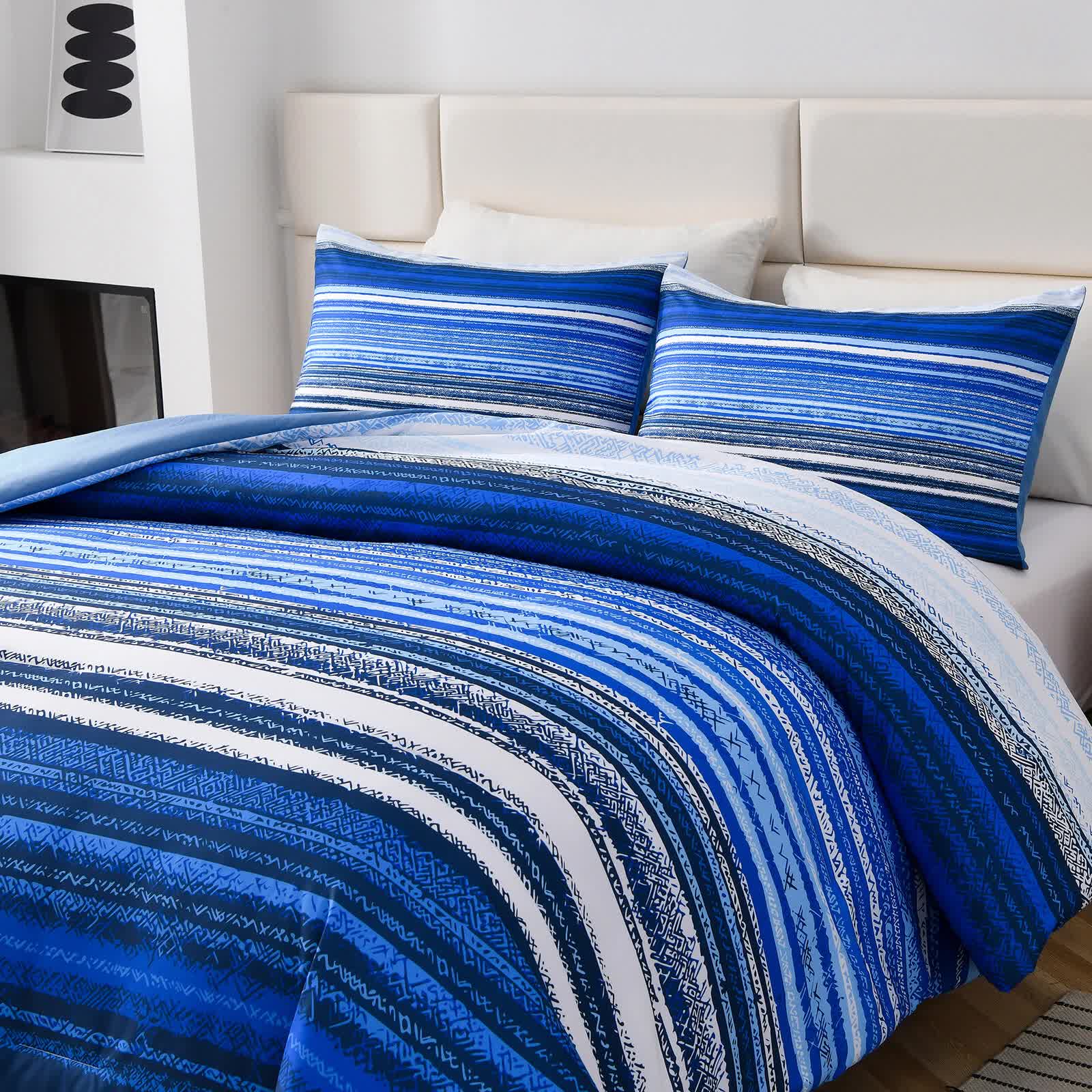 Quilts & Duvets: Nordic Calm stripes Blue 3‑Piece Comforter Set  Scandi Chic Vibes