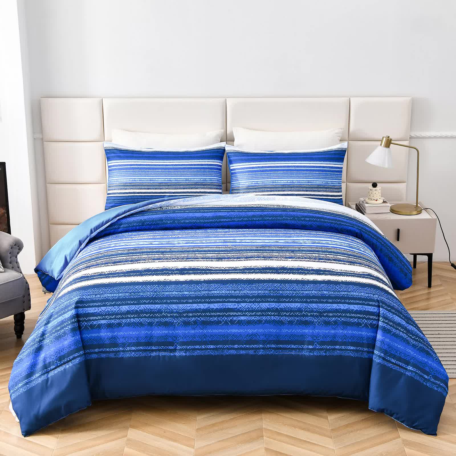 Quilts & Duvets: Nordic Calm stripes Blue 3‑Piece Comforter Set  Scandi Chic Vibes