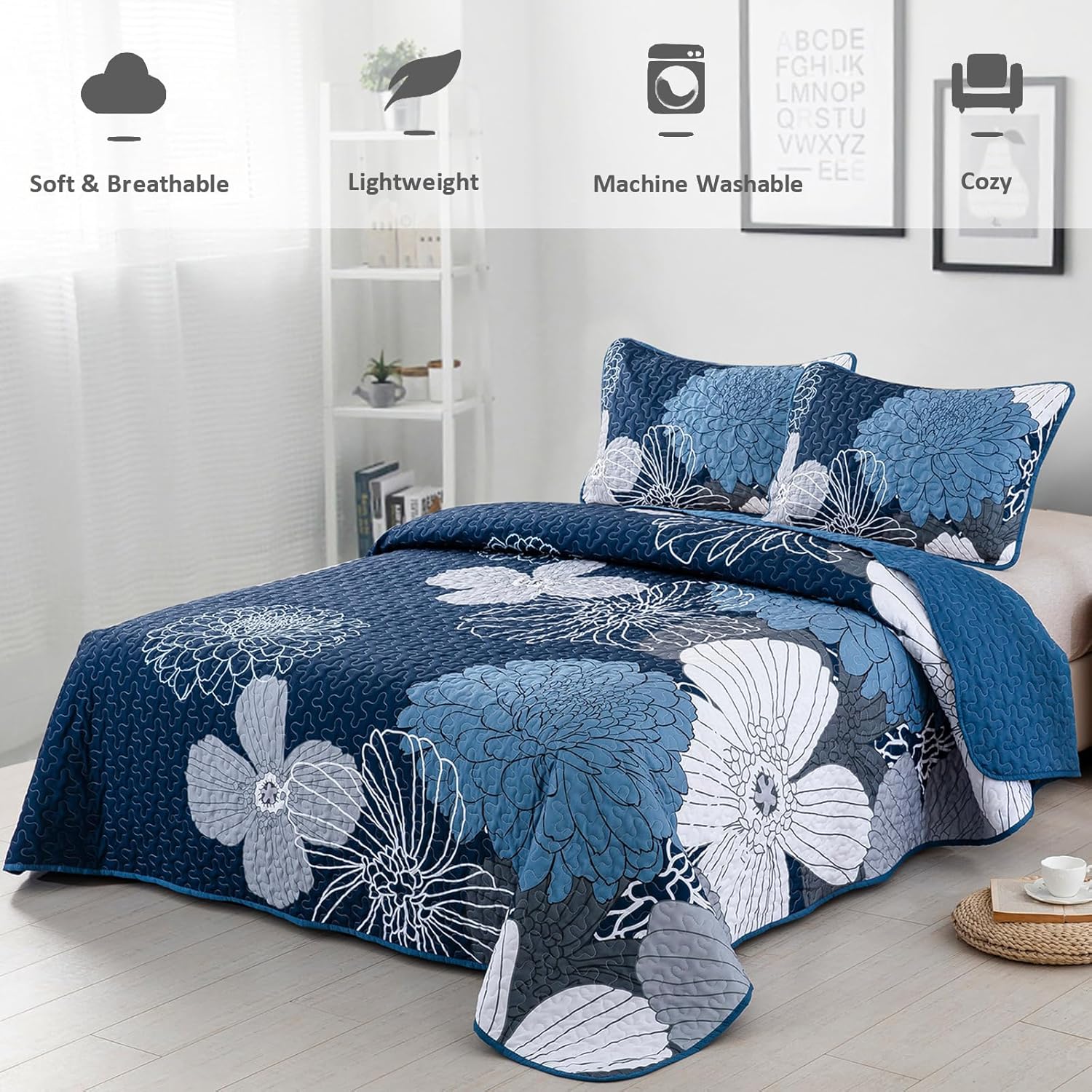 Quilts & Duvets: Frosted Magnolia Chic blue 3 Pc Comforter & Pillow Cover Set KING