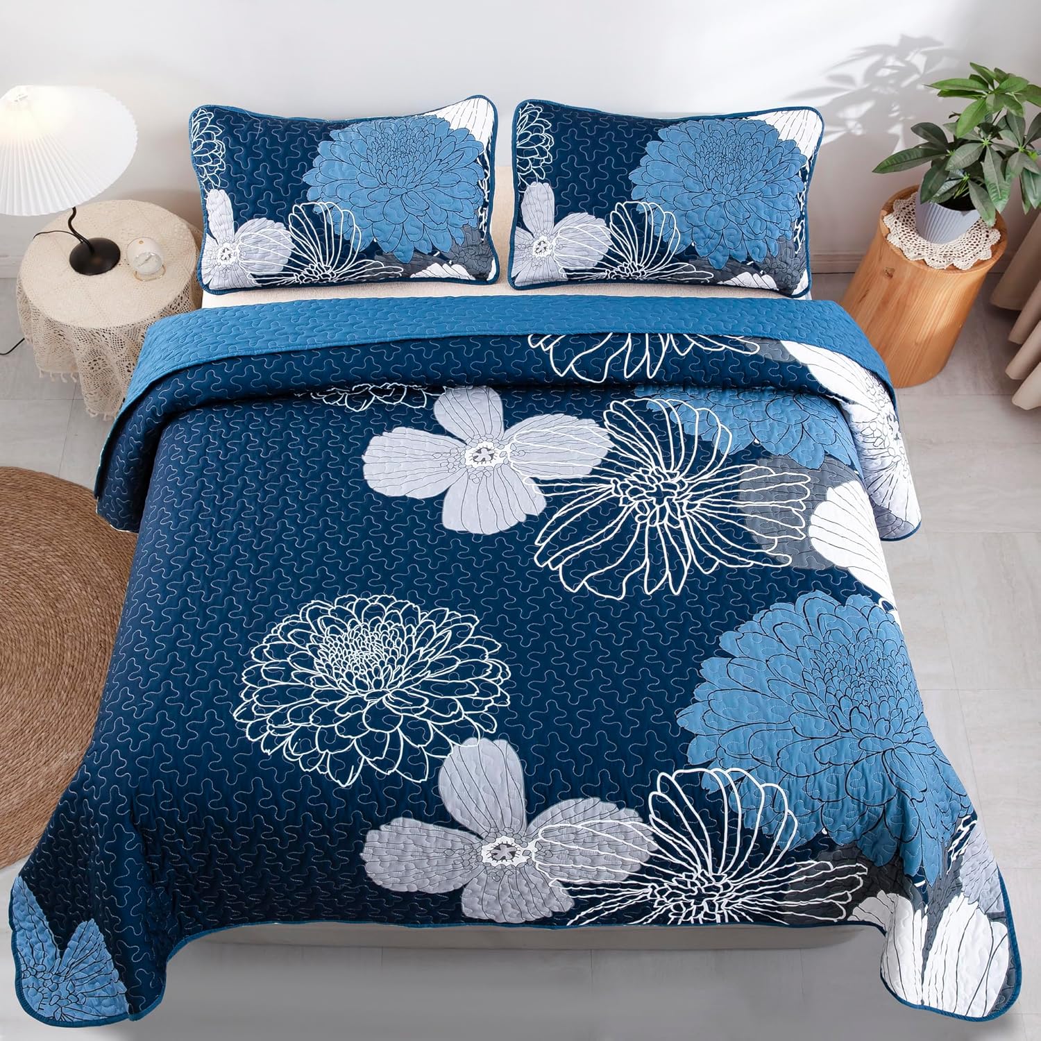 Quilts & Duvets: Frosted Magnolia Chic blue 3 Pc Comforter & Pillow Cover Set KING