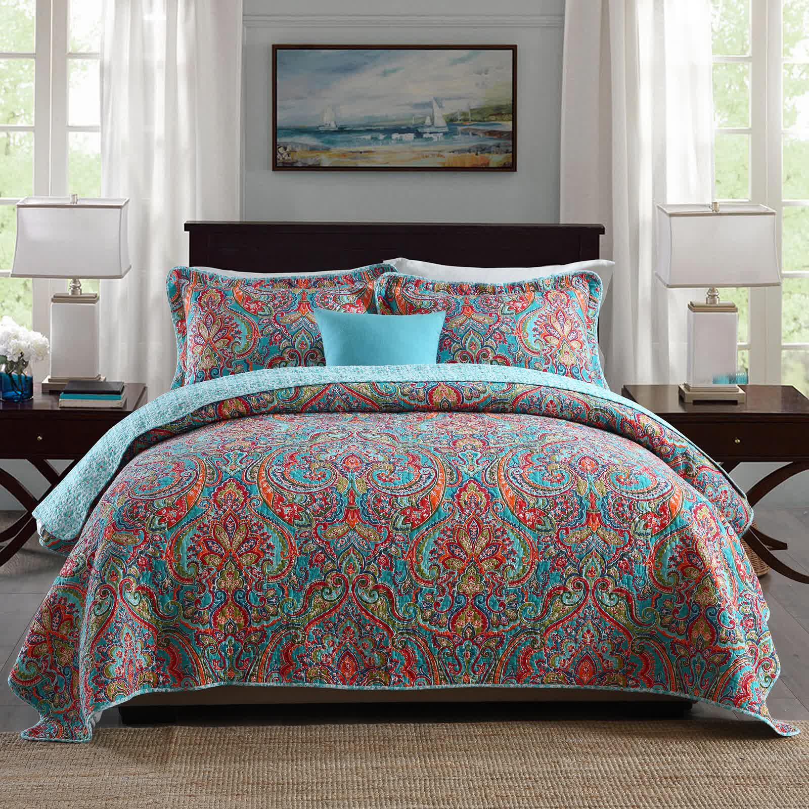 Quilts & Duvets: Blue Teal Boho Print Bedspread Quilt Set + Pillowcases
