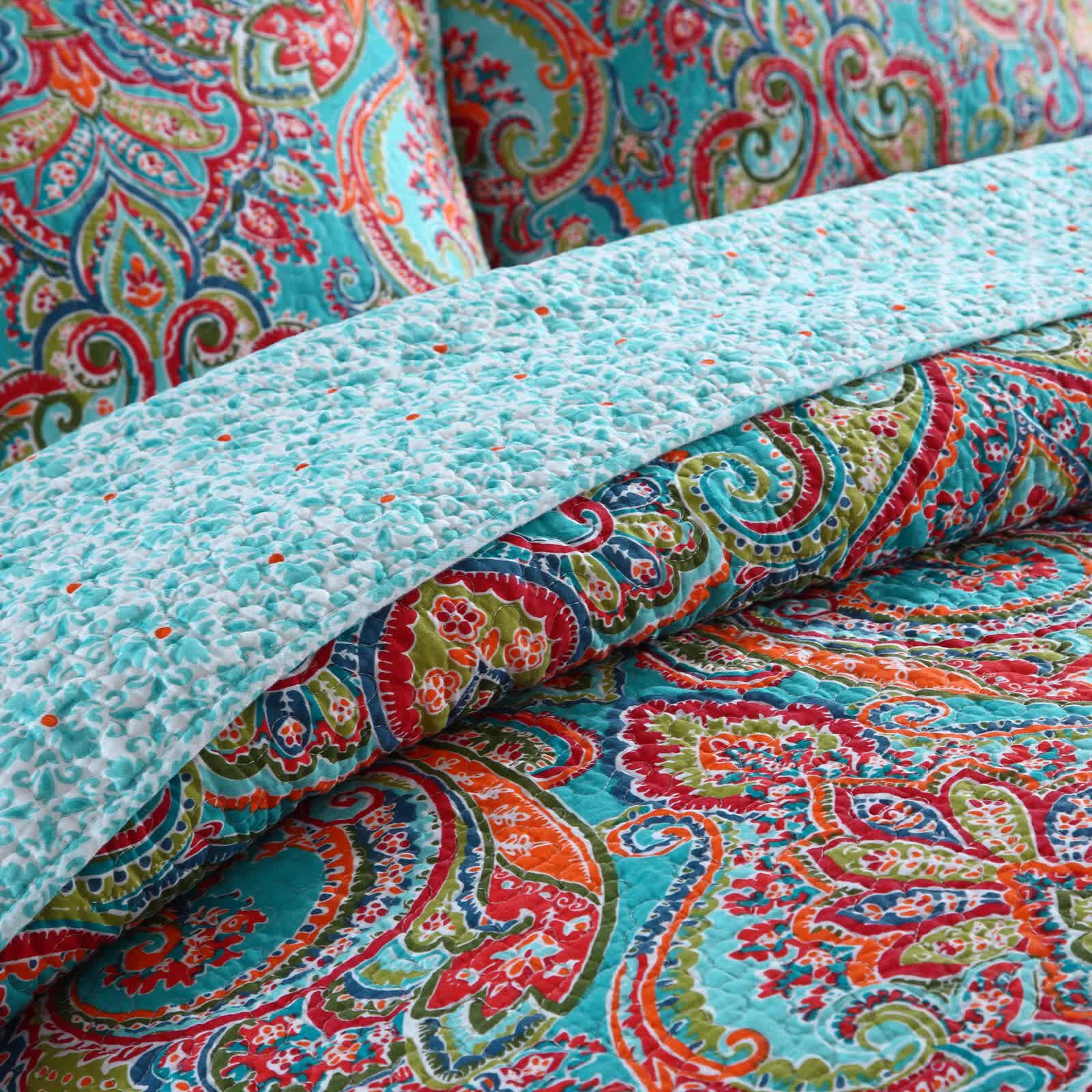Quilts & Duvets: Blue Teal Boho Print Bedspread Quilt Set + Pillowcases