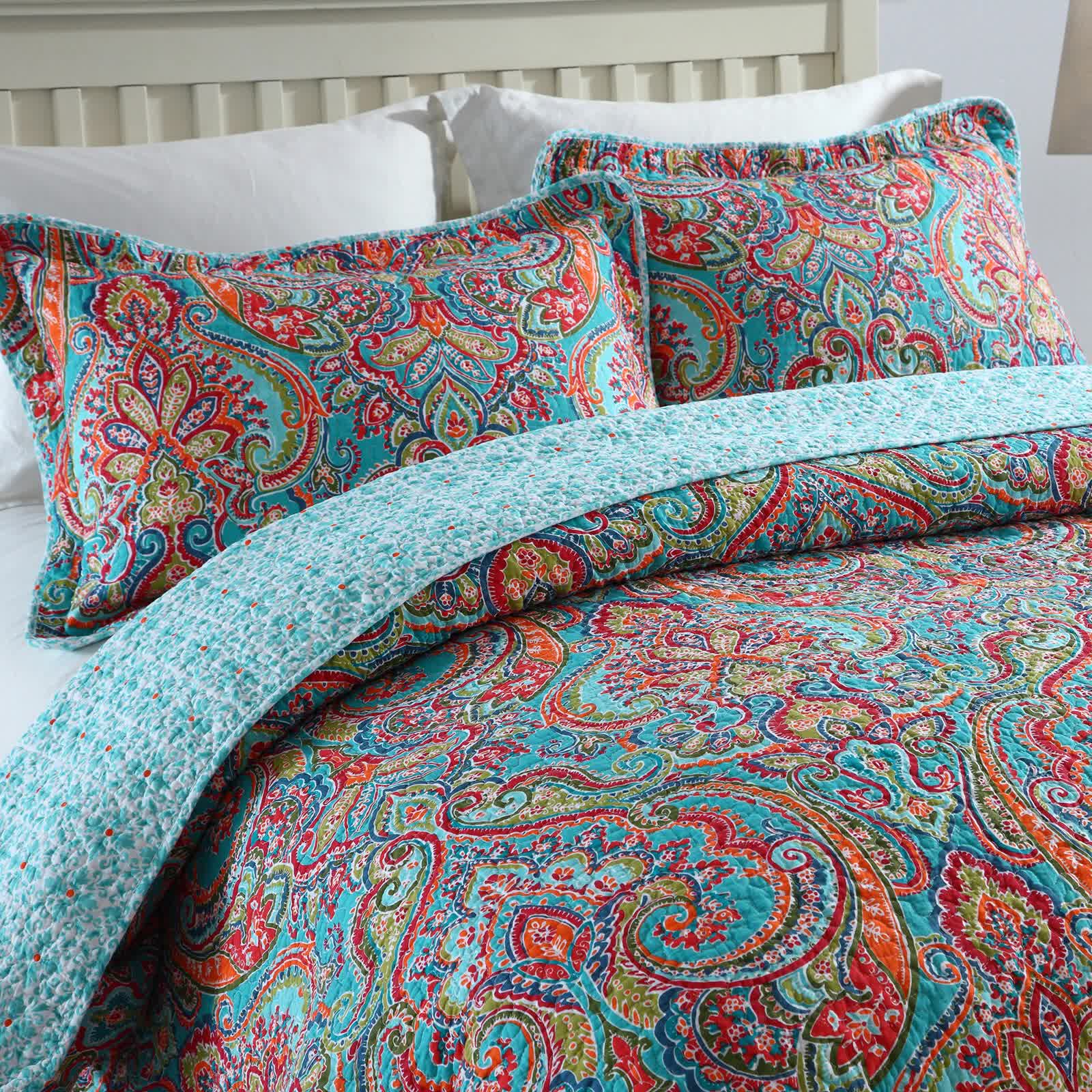 Quilts & Duvets: Blue Teal Boho Print Bedspread Quilt Set + Pillowcases