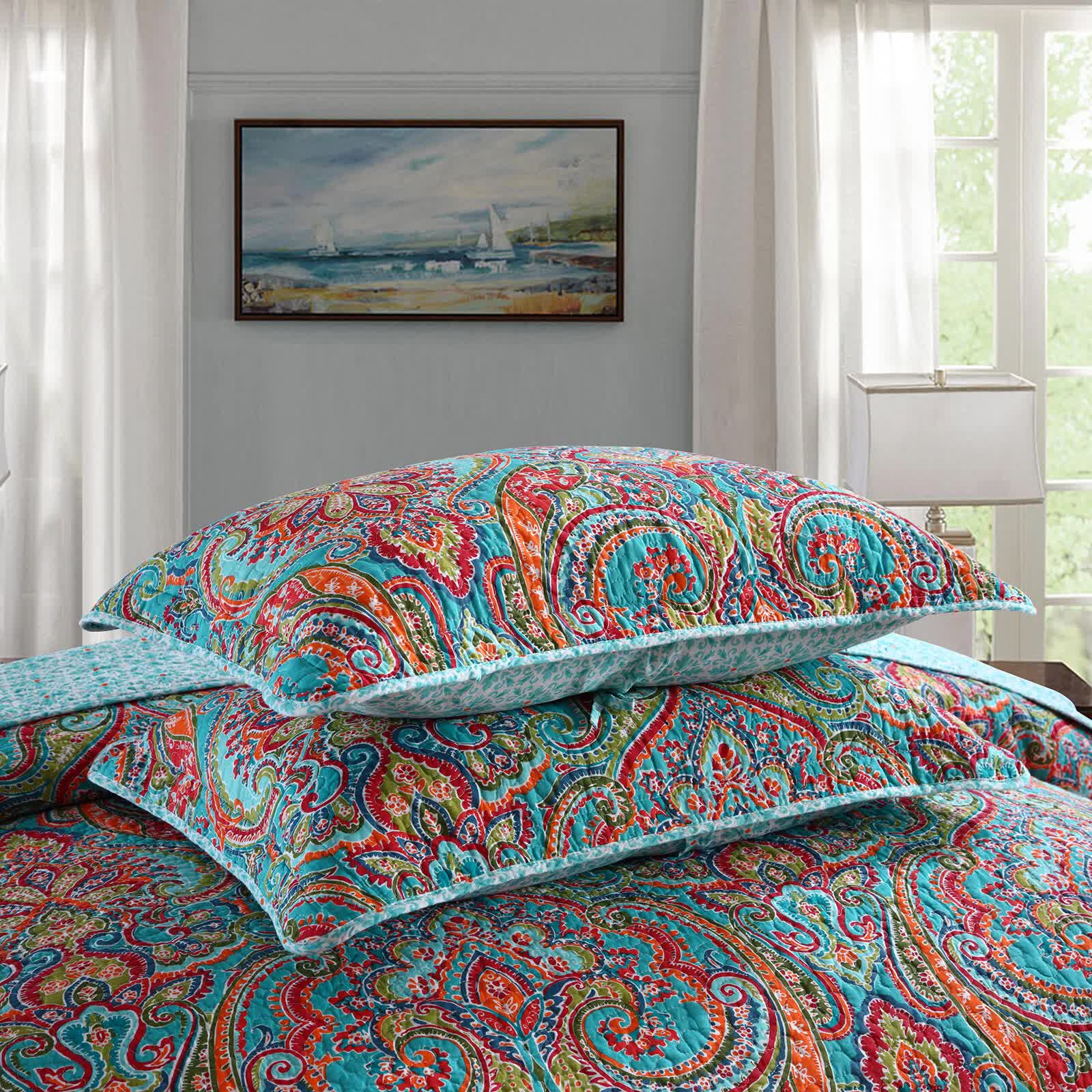 Quilts & Duvets: Blue Teal Boho Print Bedspread Quilt Set + Pillowcases