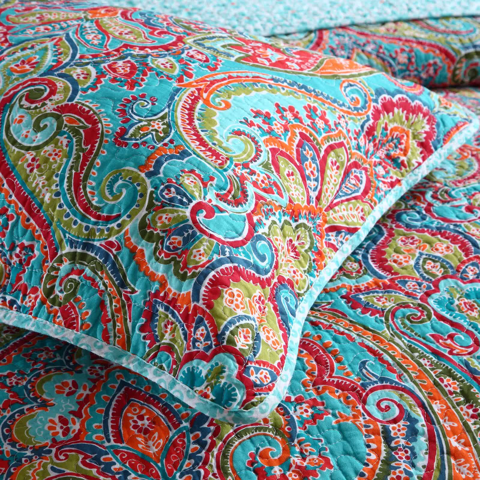 Quilts & Duvets: Blue Teal Boho Print Bedspread Quilt Set + Pillowcases