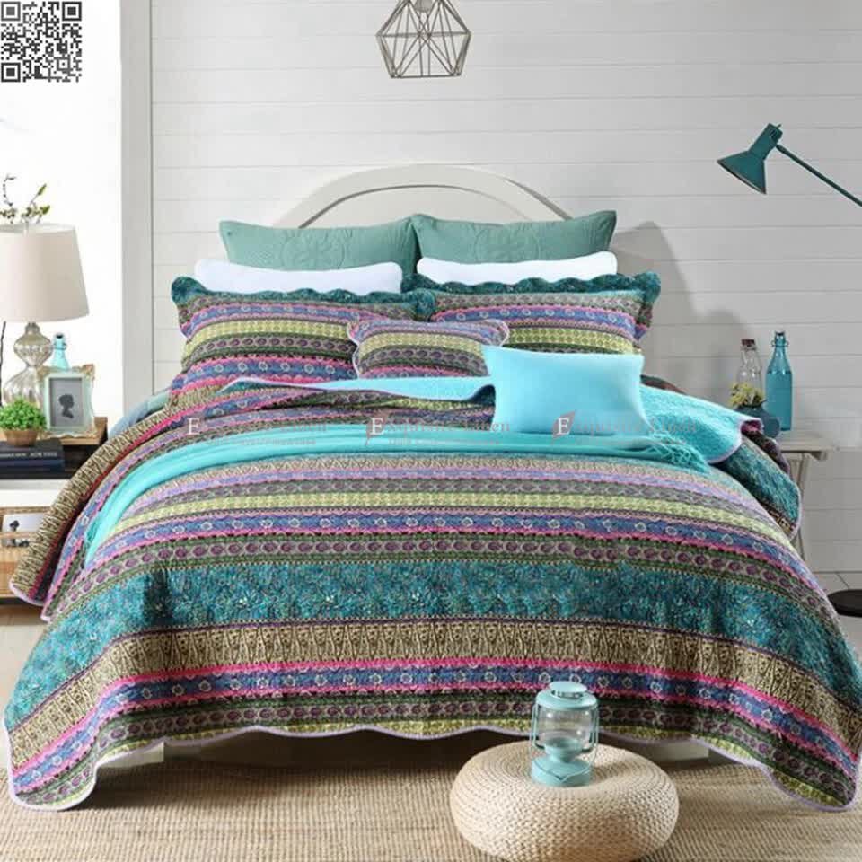 Quilts & Duvets: Grenn Teal Boho style Printed Bedspread Quilt Set + Pillowcases