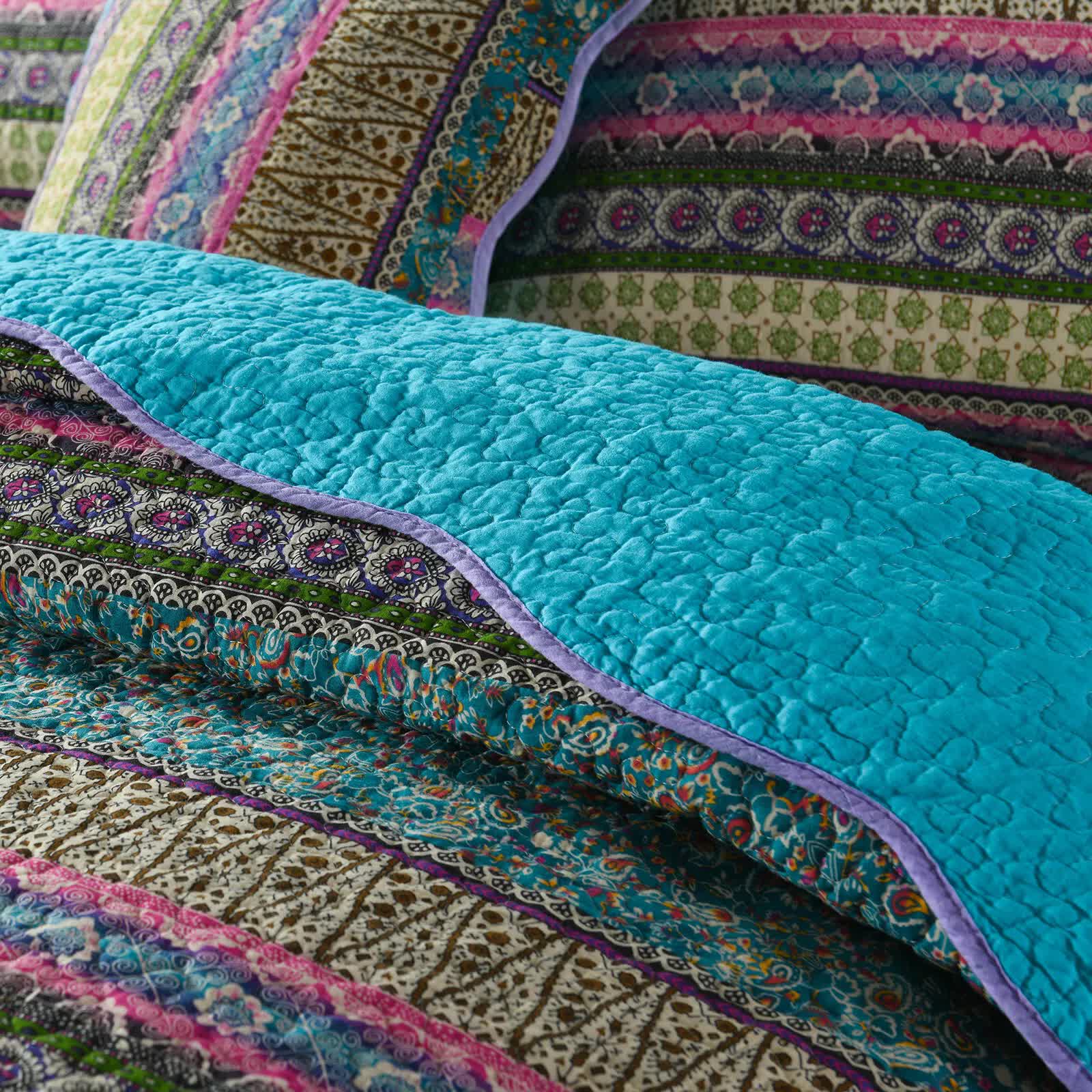 Quilts & Duvets: Grenn Teal Boho style Printed Bedspread Quilt Set + Pillowcases
