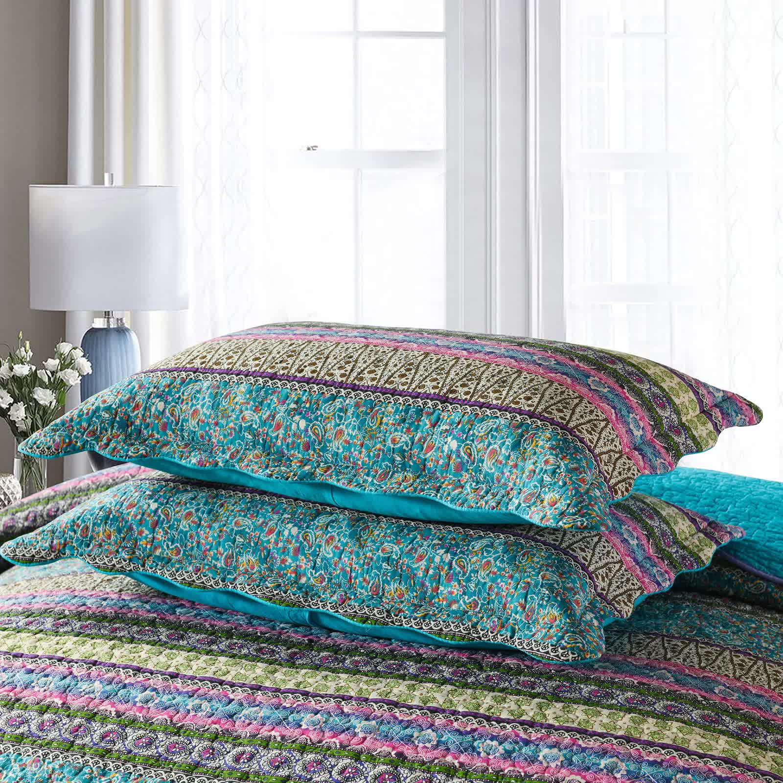 Quilts & Duvets: Grenn Teal Boho style Printed Bedspread Quilt Set + Pillowcases