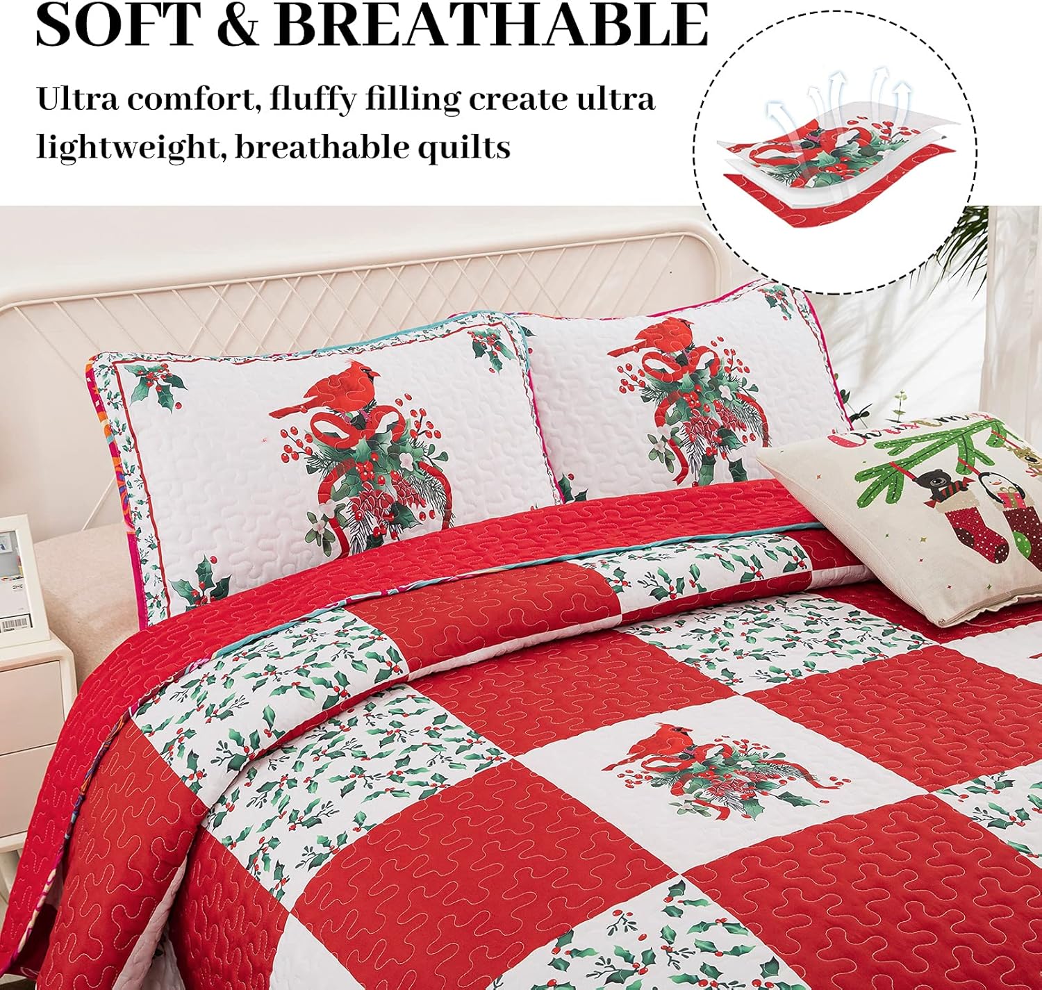 Quilts & Duvets: Elegant Red, greem & White Christmas Queen Bedspread Set