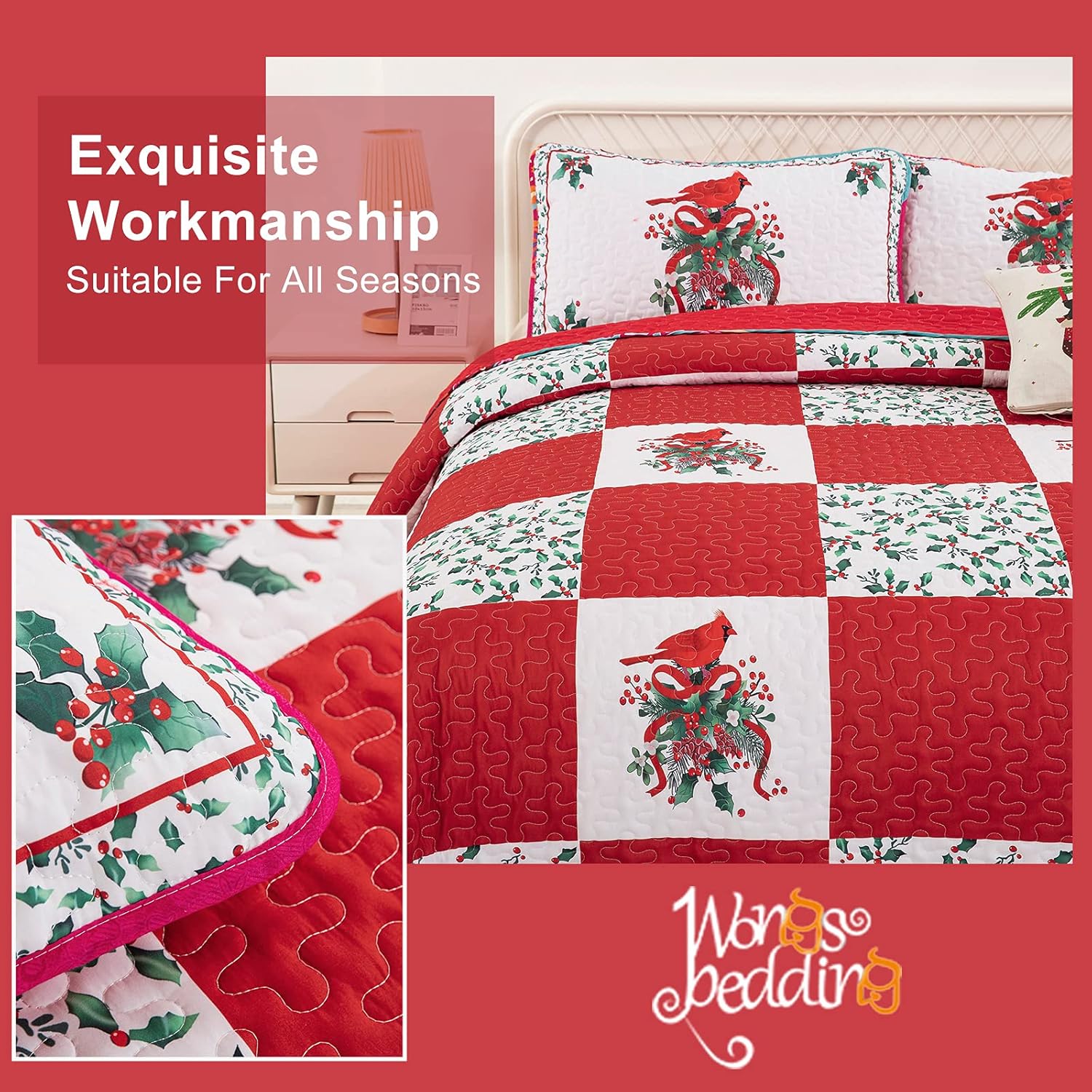 Quilts & Duvets: Elegant Red, greem & White Christmas Queen Bedspread Set