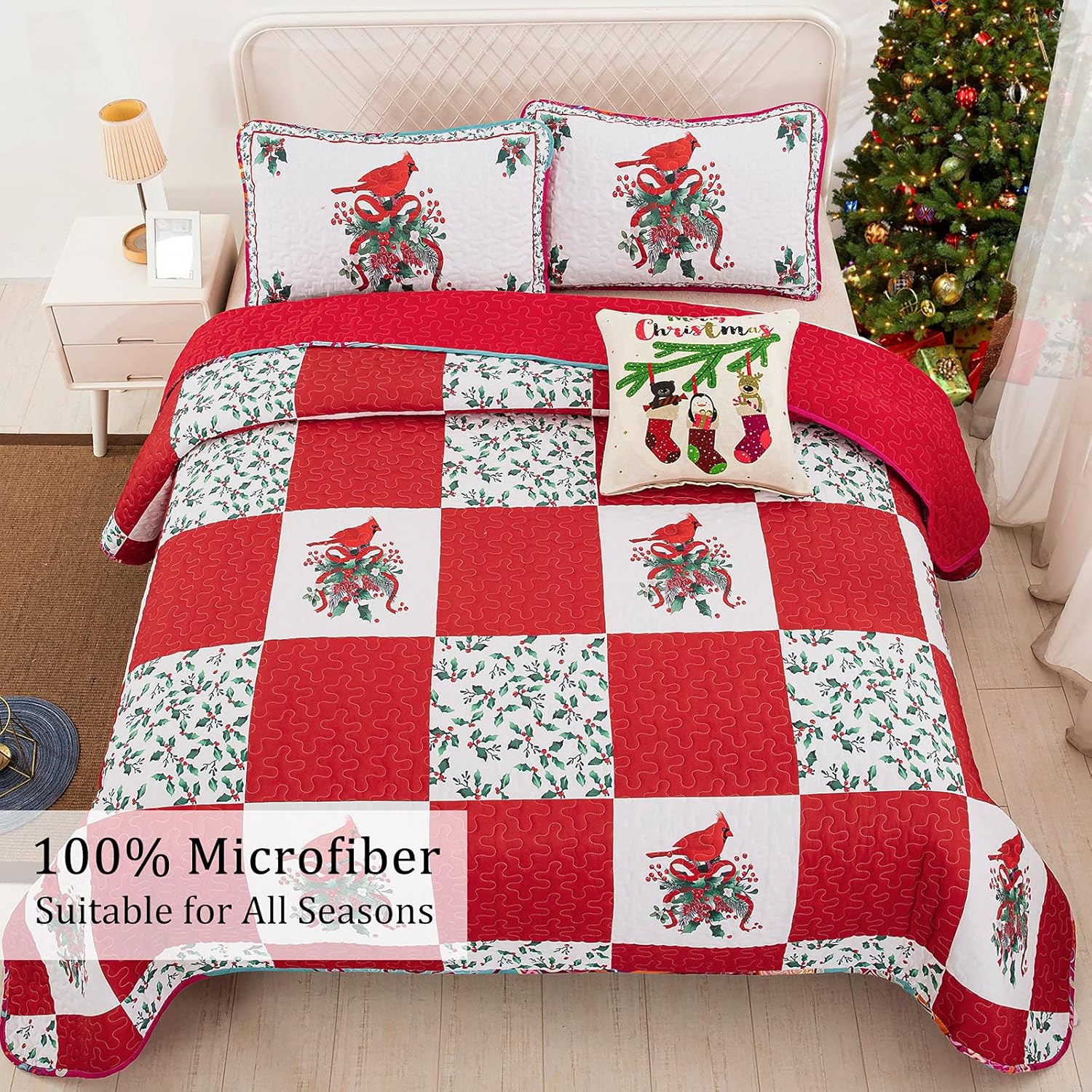 Quilts & Duvets: Elegant Red, greem & White Christmas Queen Bedspread Set