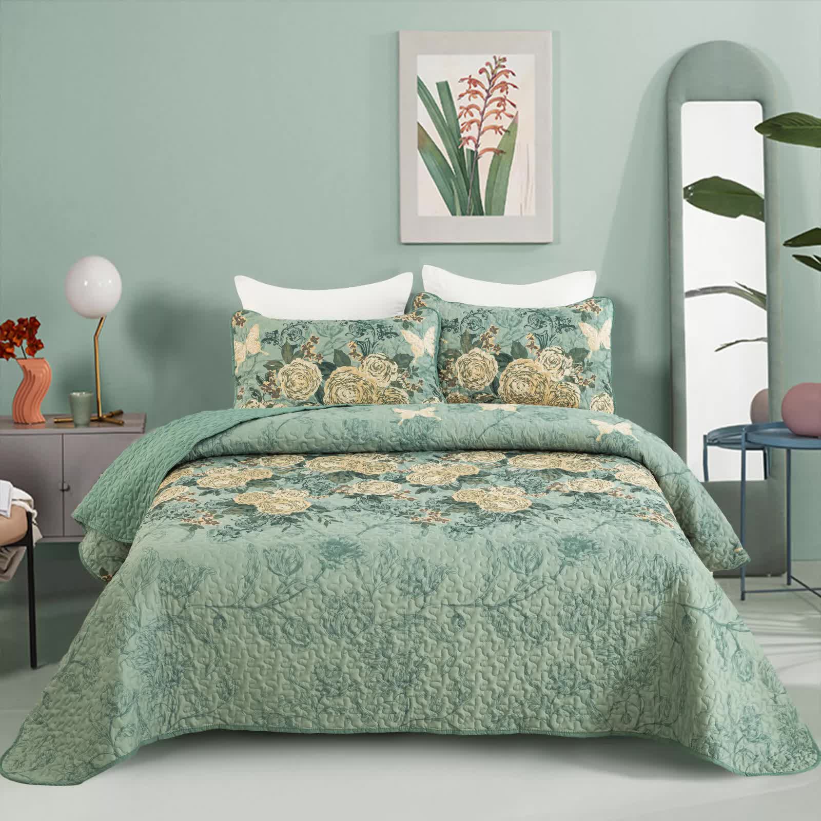 Quilts & Duvets: Meadow Butterfly Green Quilted Bedspread Set with Floral Details and Pillowcases