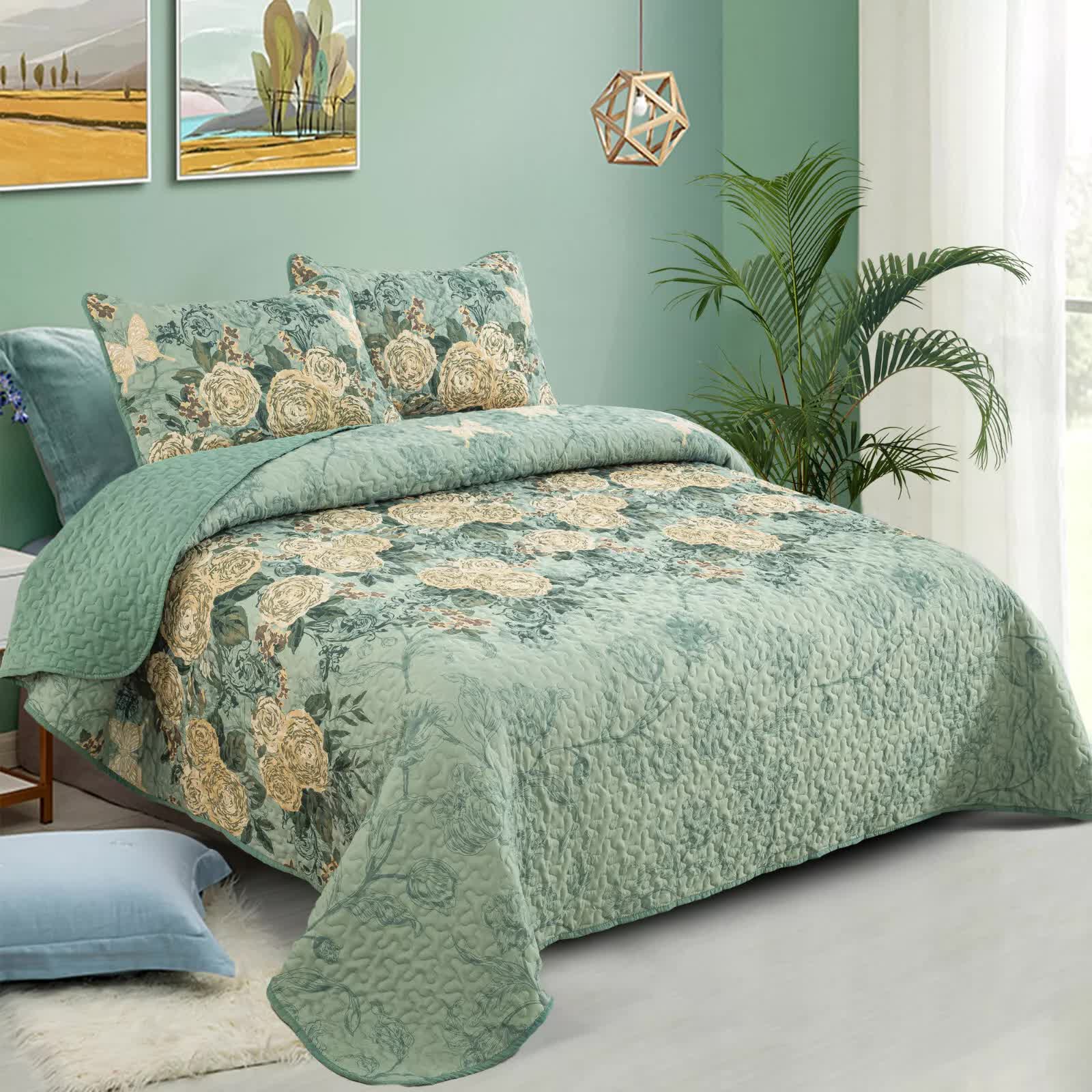 Quilts & Duvets: Meadow Butterfly Green Quilted Bedspread Set with Floral Details and Pillowcases