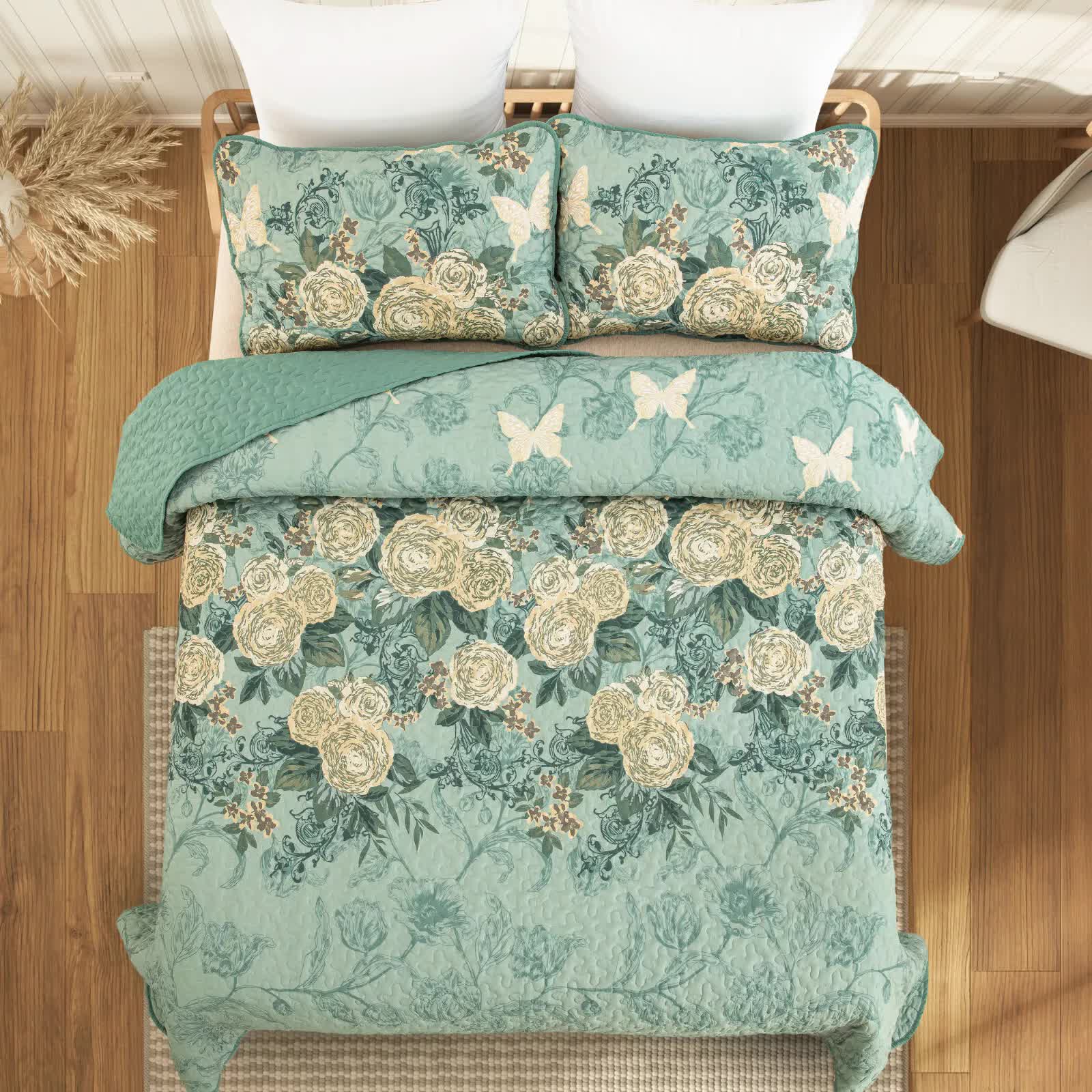 Quilts & Duvets: Meadow Butterfly Green Quilted Bedspread Set with Floral Details and Pillowcases