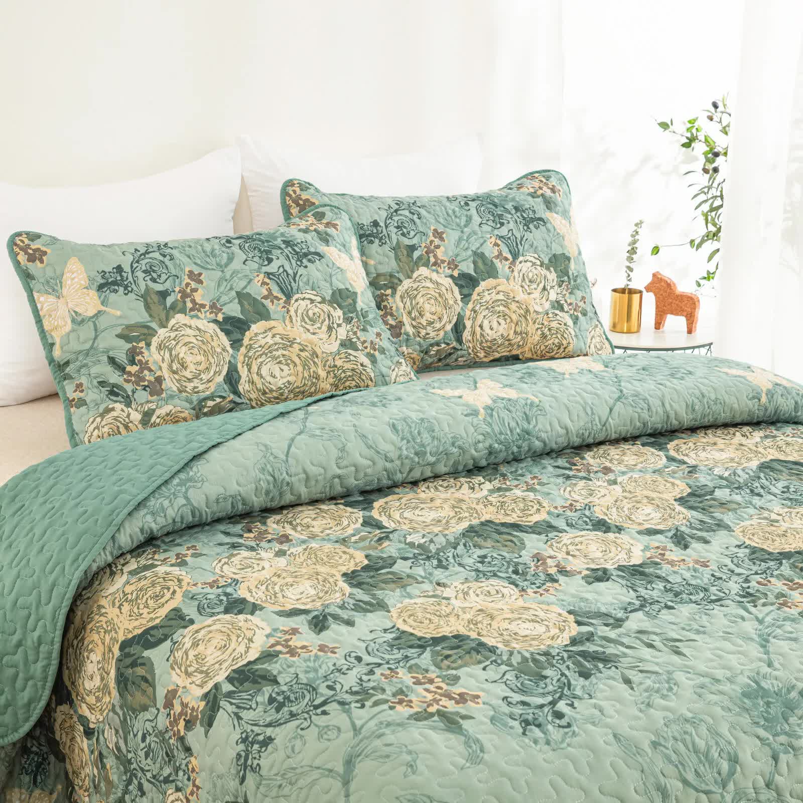 Quilts & Duvets: Meadow Butterfly Green Quilted Bedspread Set with Floral Details and Pillowcases