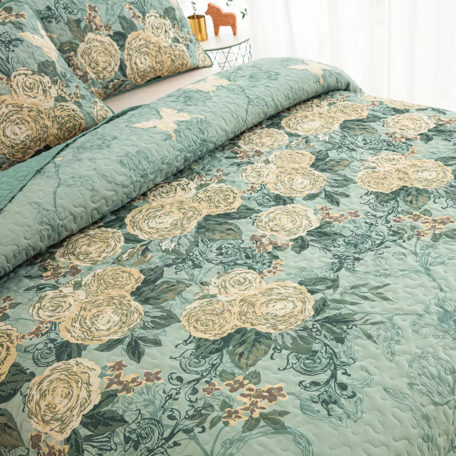 Quilts & Duvets: Meadow Butterfly Green Quilted Bedspread Set with Floral Details and Pillowcases
