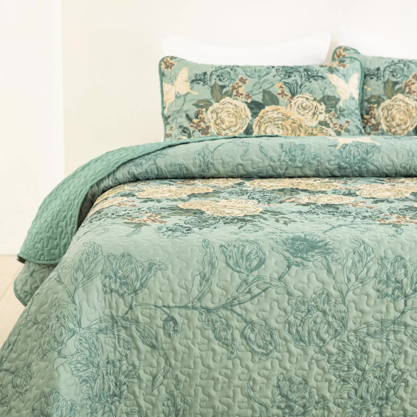 Quilts & Duvets: Meadow Butterfly Green Quilted Bedspread Set with Floral Details and Pillowcases