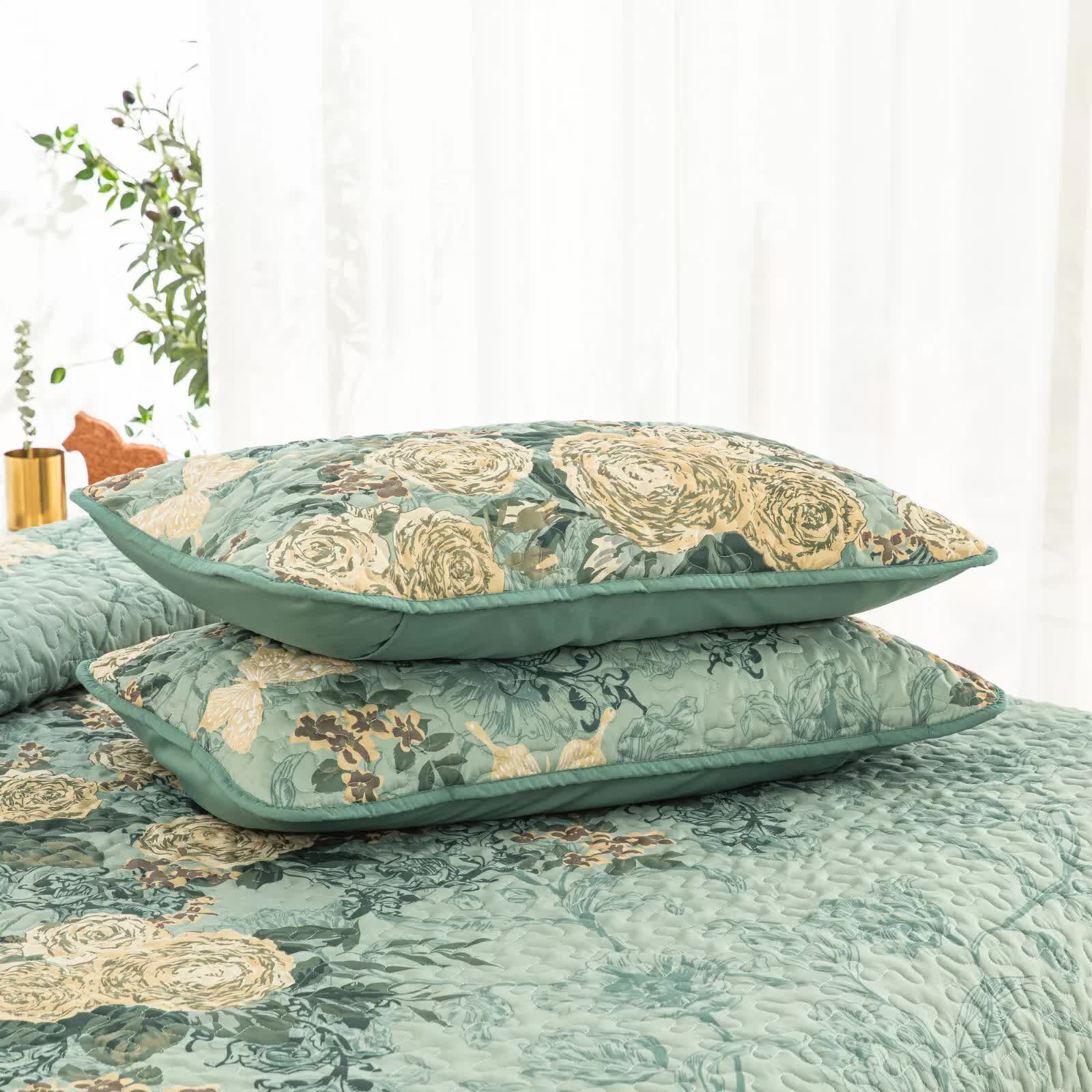 Quilts & Duvets: Meadow Butterfly Green Quilted Bedspread Set with Floral Details and Pillowcases
