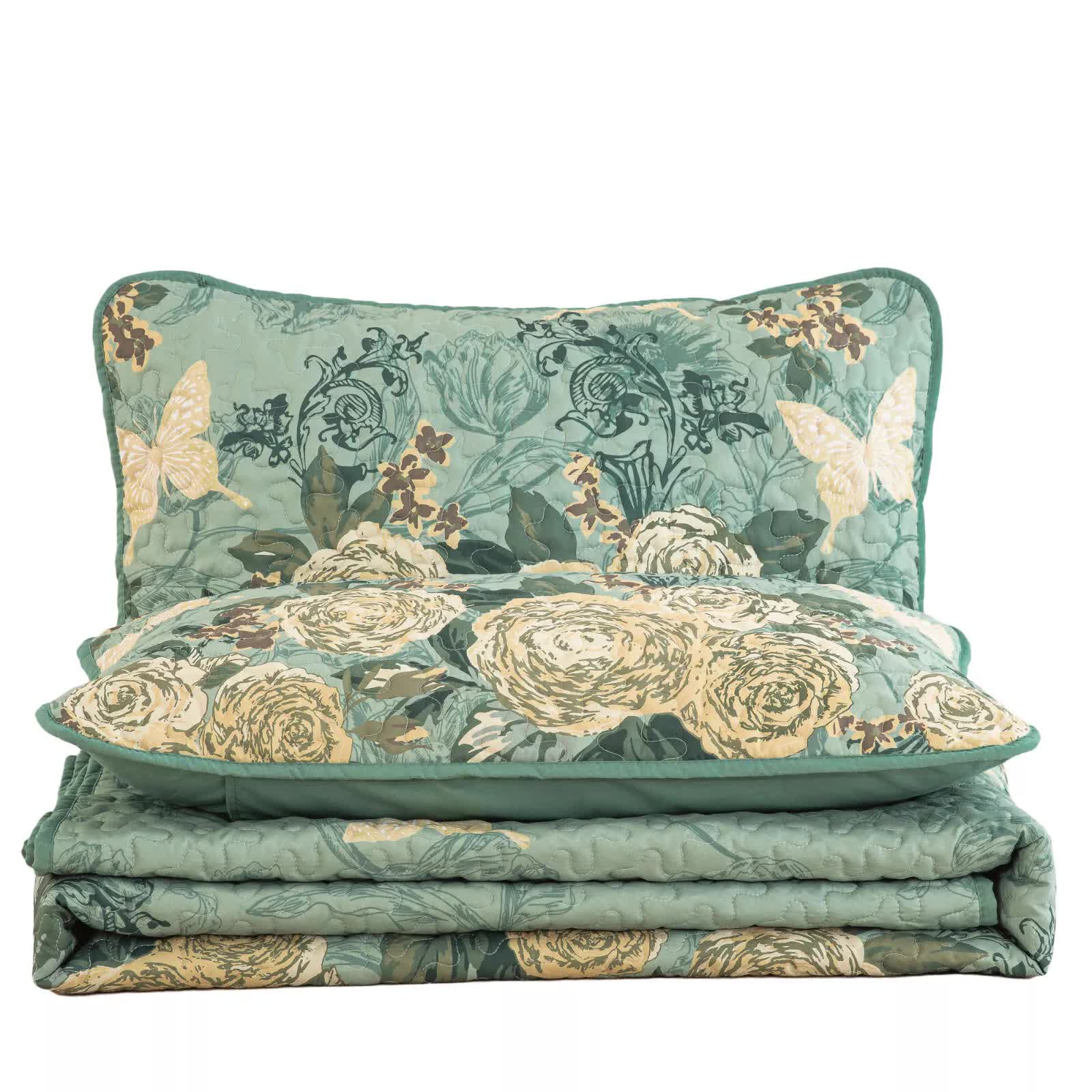 Quilts & Duvets: Meadow Butterfly Green Quilted Bedspread Set with Floral Details and Pillowcases