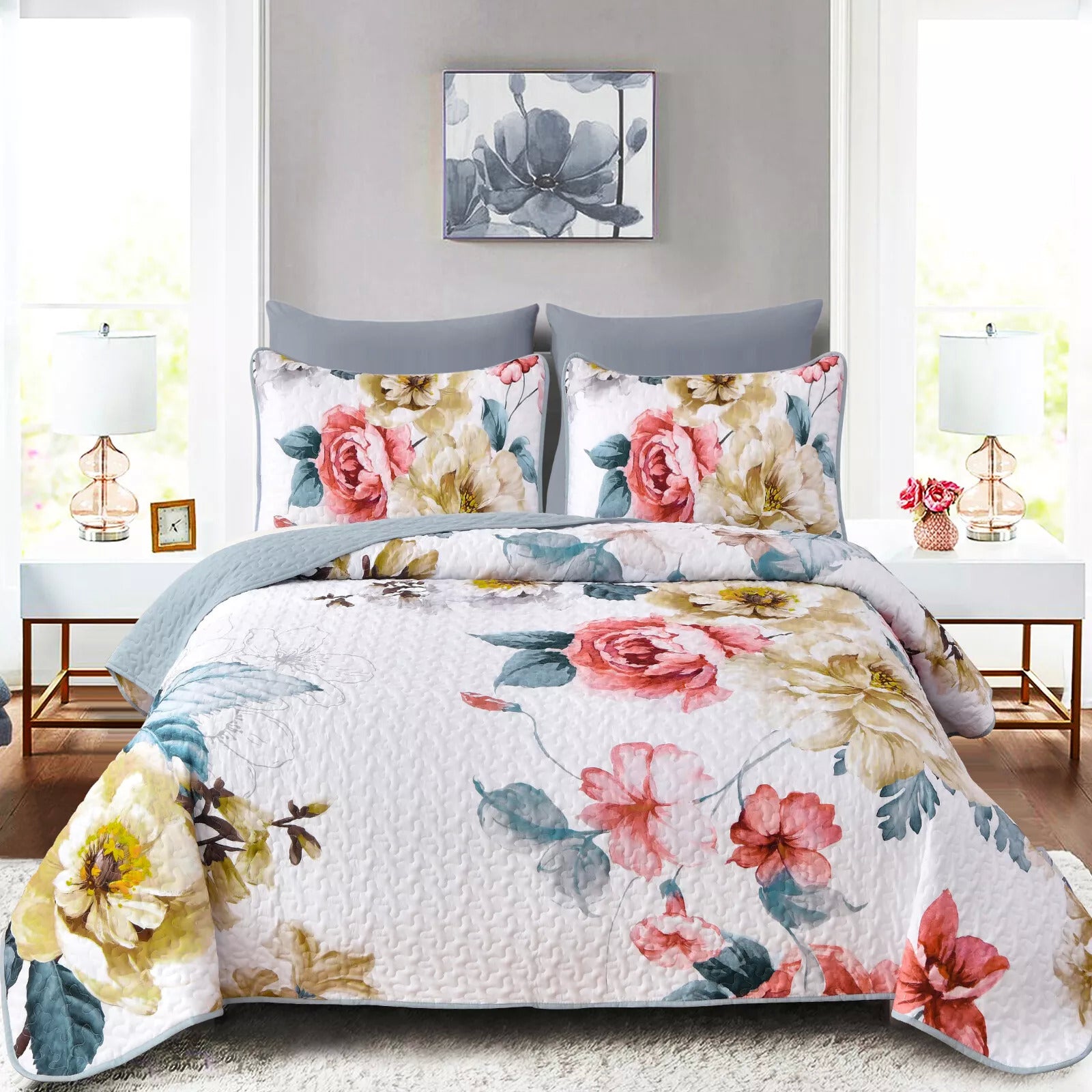 Blankets & Throws: Vibrant Quilted Bedspread and Pillowcases Set: Add Color and Comfort to Your Space - Queen size