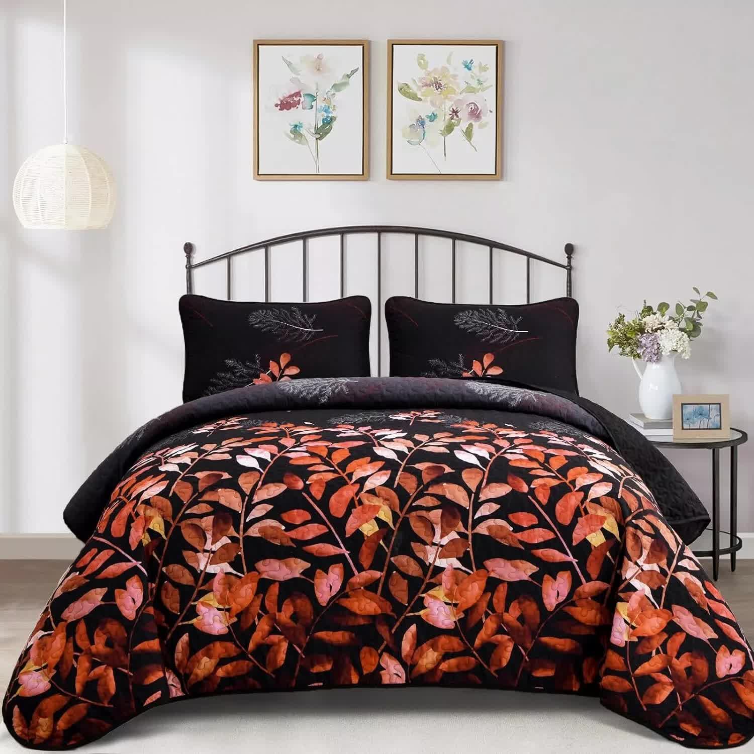 Quilts & Duvets: Black and Red  Leaves Quilted Bedspread & Pillowcase Set