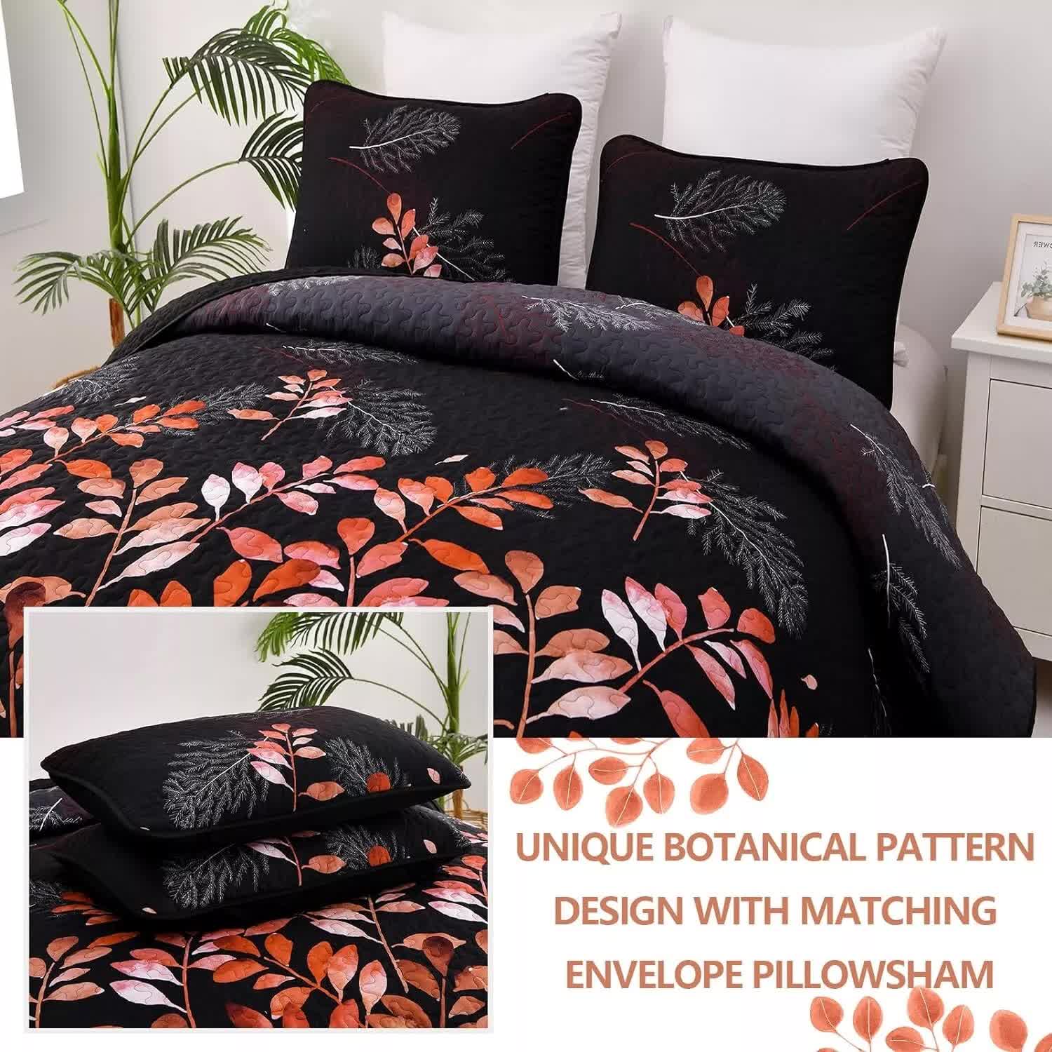 Quilts & Duvets: Black and Red  Leaves Quilted Bedspread & Pillowcase Set