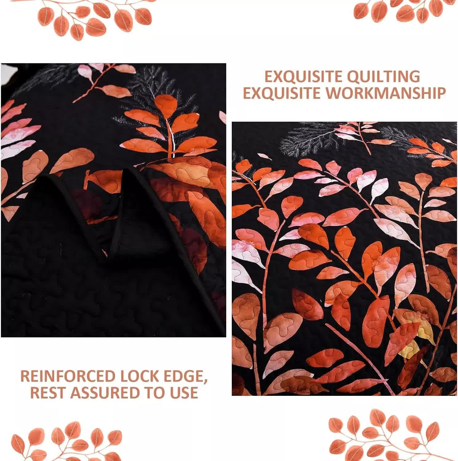 Quilts & Duvets: Black and Red  Leaves Quilted Bedspread & Pillowcase Set