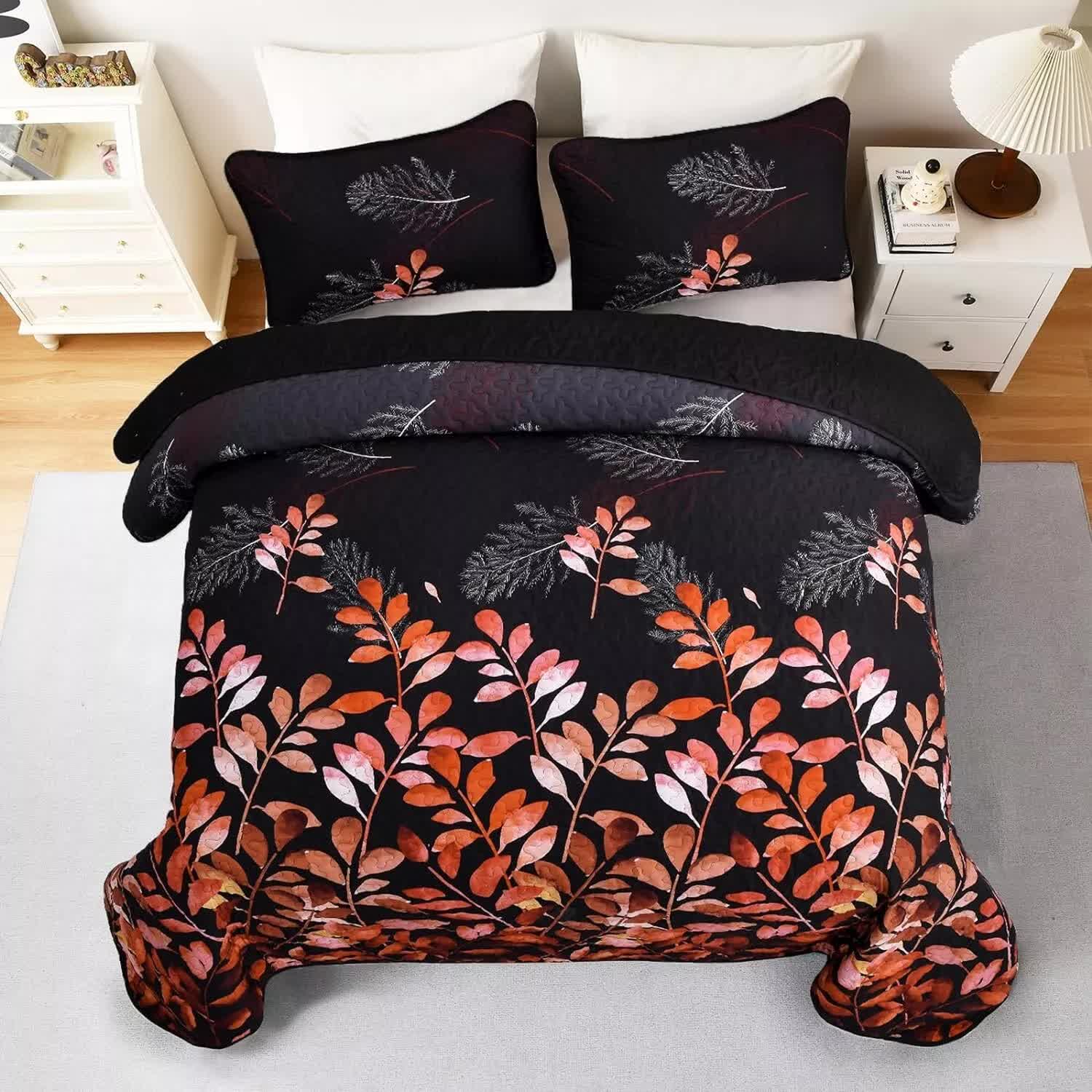 Quilts & Duvets: Black and Red  Leaves Quilted Bedspread & Pillowcase Set